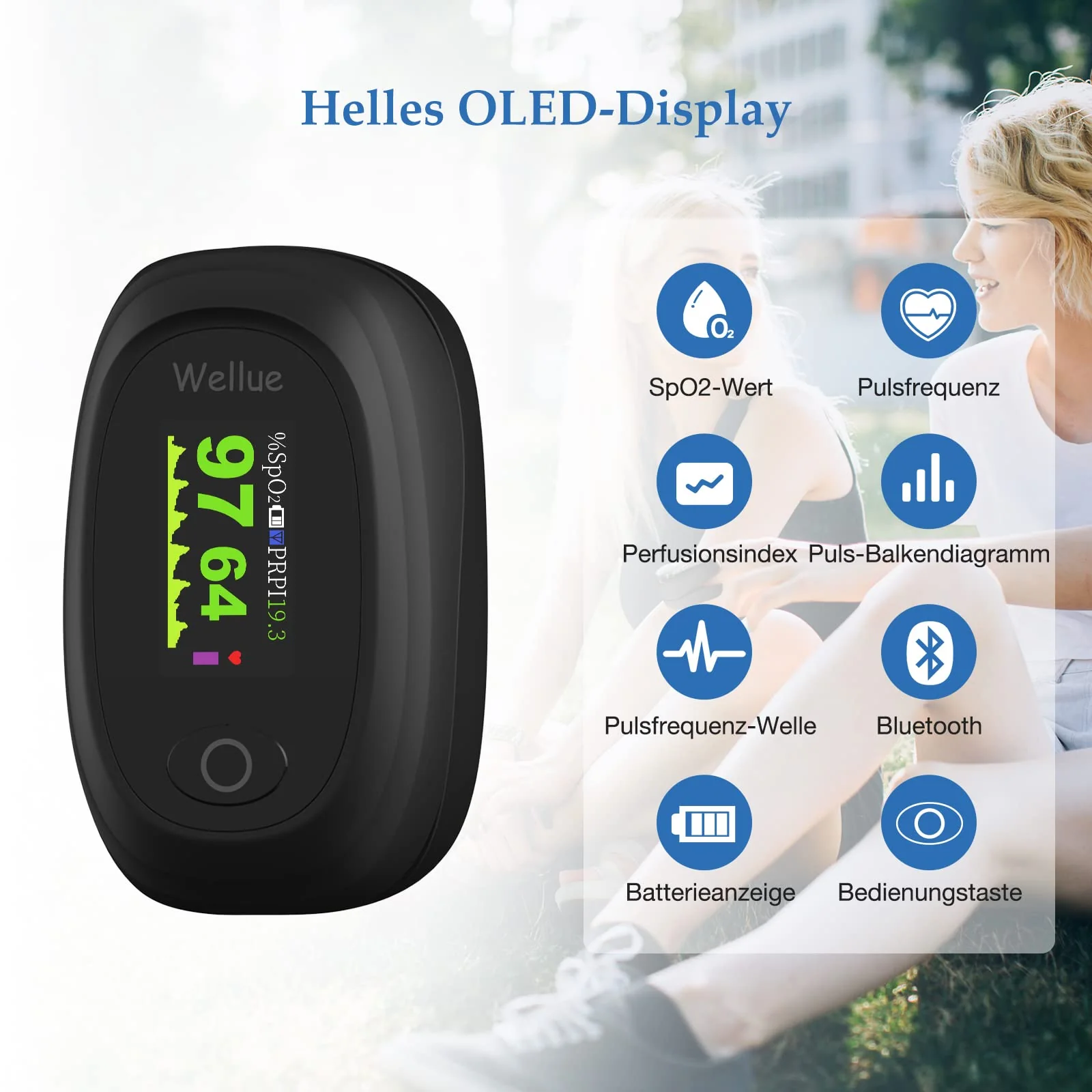 Wellue Pulse Oximeter Finger Oximeter with Bluetooth, Oxygen Monitor Finger Adult with App, Monitoring Blood Oxygen Saturation and Heart Rate, with Alarm and Battery - Image 2