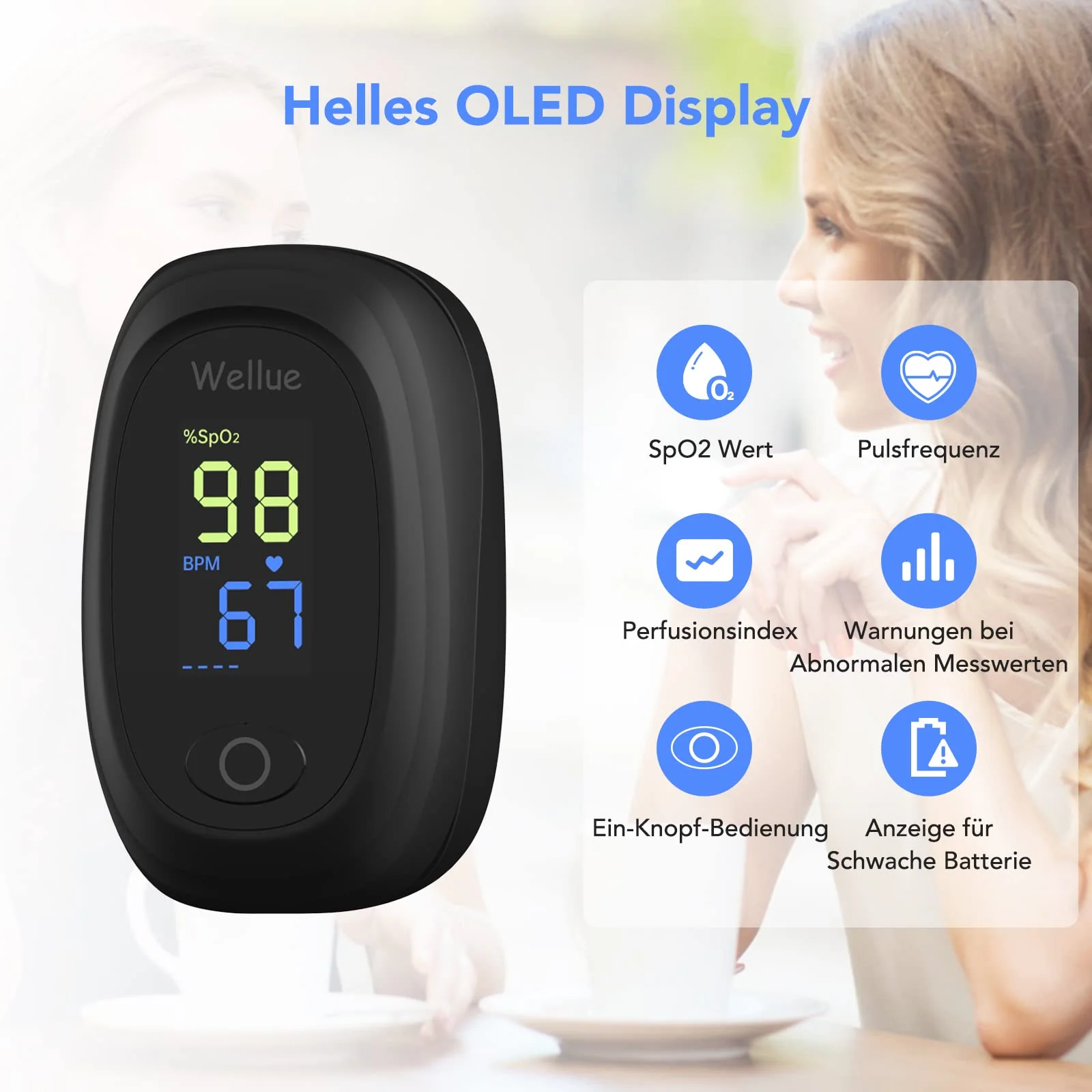 Wellue Pulse Oximeter, Oxygen Saturation Meter Finger, Portable Oxygen Saturation Monitor and Heart Rate Monitor, Automatic Measurement, Easy to Use, with Batteries - Image 2