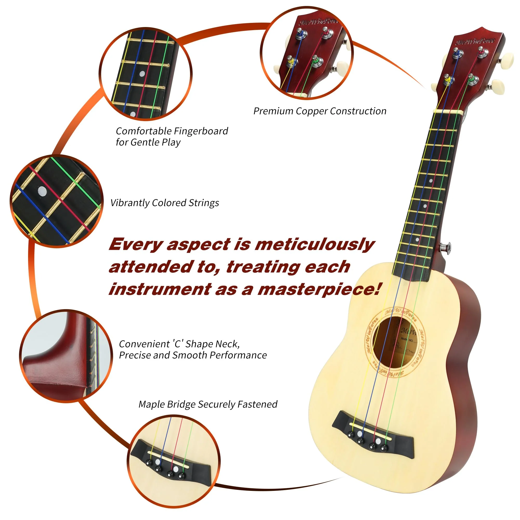 WelWinforee Soprano Ukulele 21 - Beginner Kit for Kids, Complete with Gig Bag, Strap, Tuner, Strings, Picks, Cloth - Ideal for Concerts, Left-Handed Players - Perfect Beginner Ukulele - Image 2
