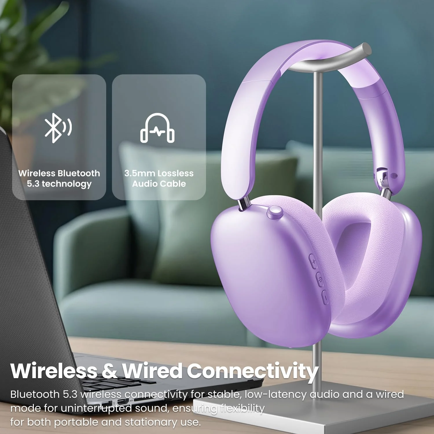 Wentronic Y01 Wireless Noise Canceling Headphones Bluetooth 5.3 Over Ear Headphones with Microphone, Hi-Res Audio, 48H Playtime, Foldable Comfortable Earpads,Compatible with iOS,Android,PC, Purple - Image 8