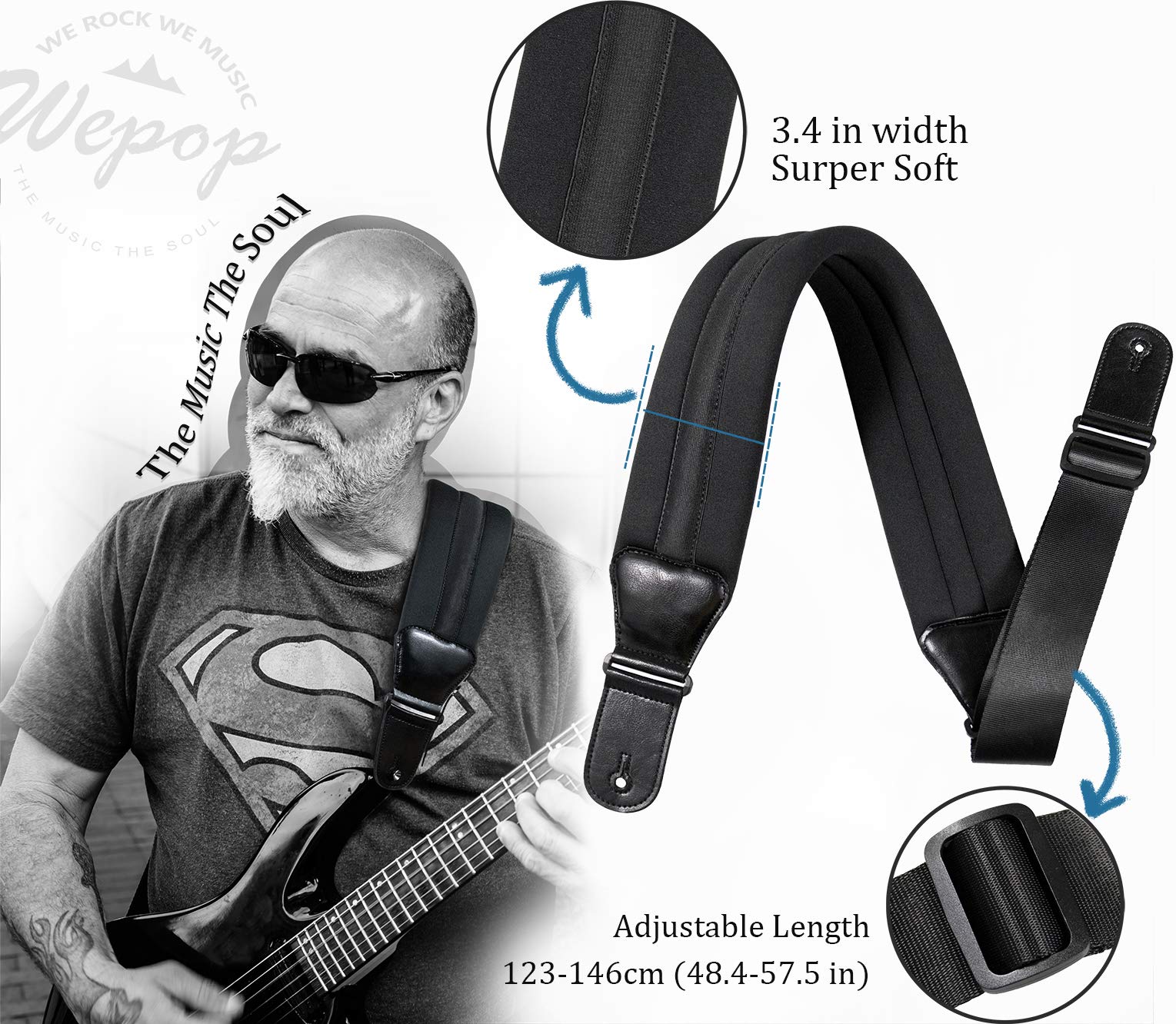 Wepop Guitar Strap Elastic Soft Comfortable Neoprene Leather 3.4in Bass Acoustic Electric Guitar (391) Black-391 - Image 2