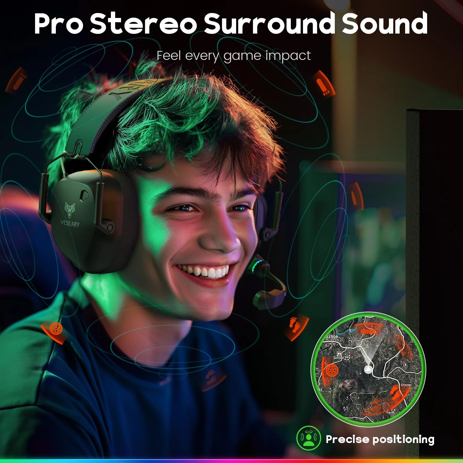 WESEARY Wireless Gaming Headset 2.4GHz & Bluetooth 5.4 Gaming Headphones with ENC Mic, Ultra-Low Latency, Stereo Sound, Soft Earmuffs, Wireless Headsets for PS5, PS4, Switch, PC, Mac - Image 3