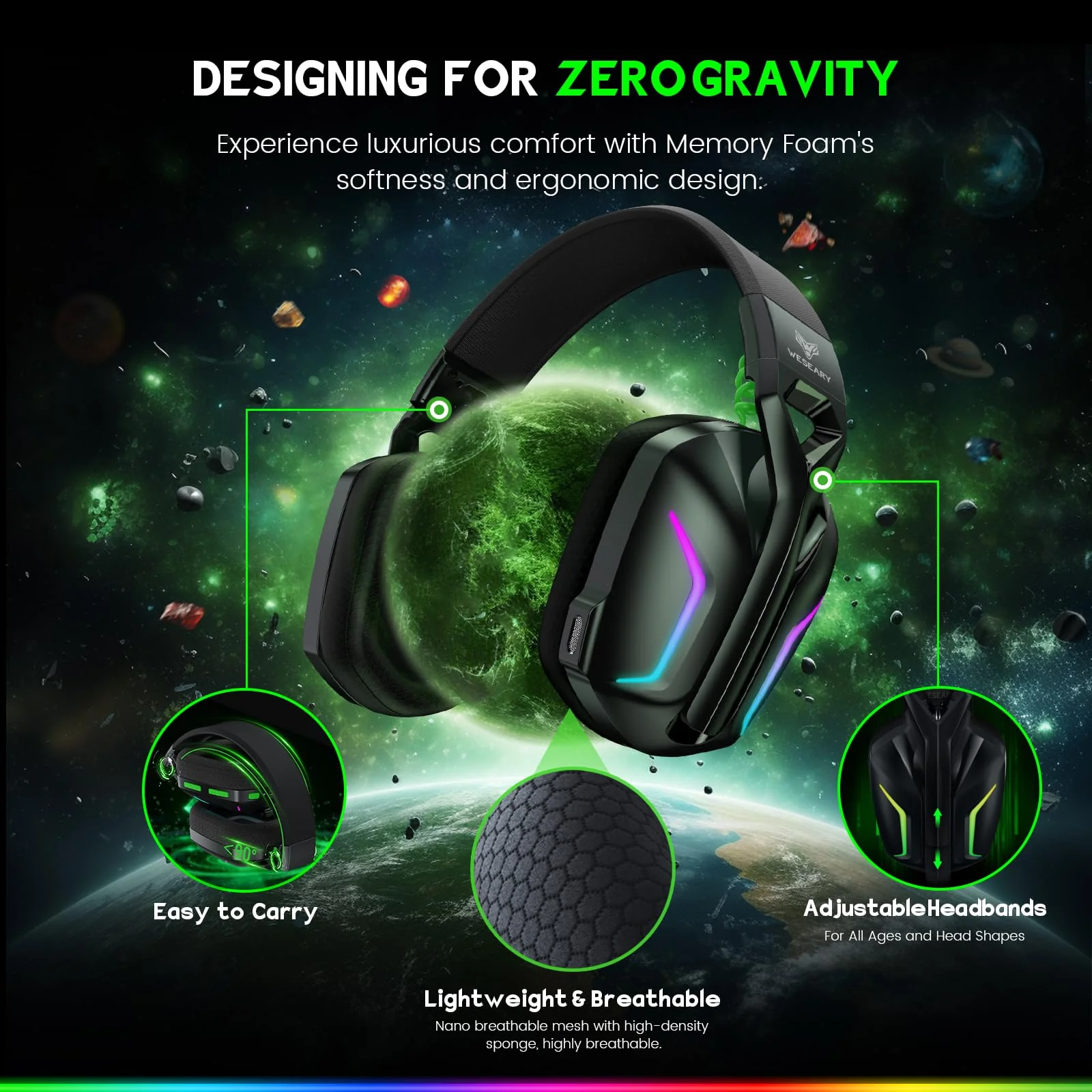 WESEARY Wireless Gaming Headset for Xbox Series X|S, 2.4GHz Ultra-Low Latency Headset with Noise Cancelling Mic for PC, PS5, PS4, Switch, Mac, 3D Surround Sound, Bluetooth 5.4, 50H Battery Raven Black - Image 6