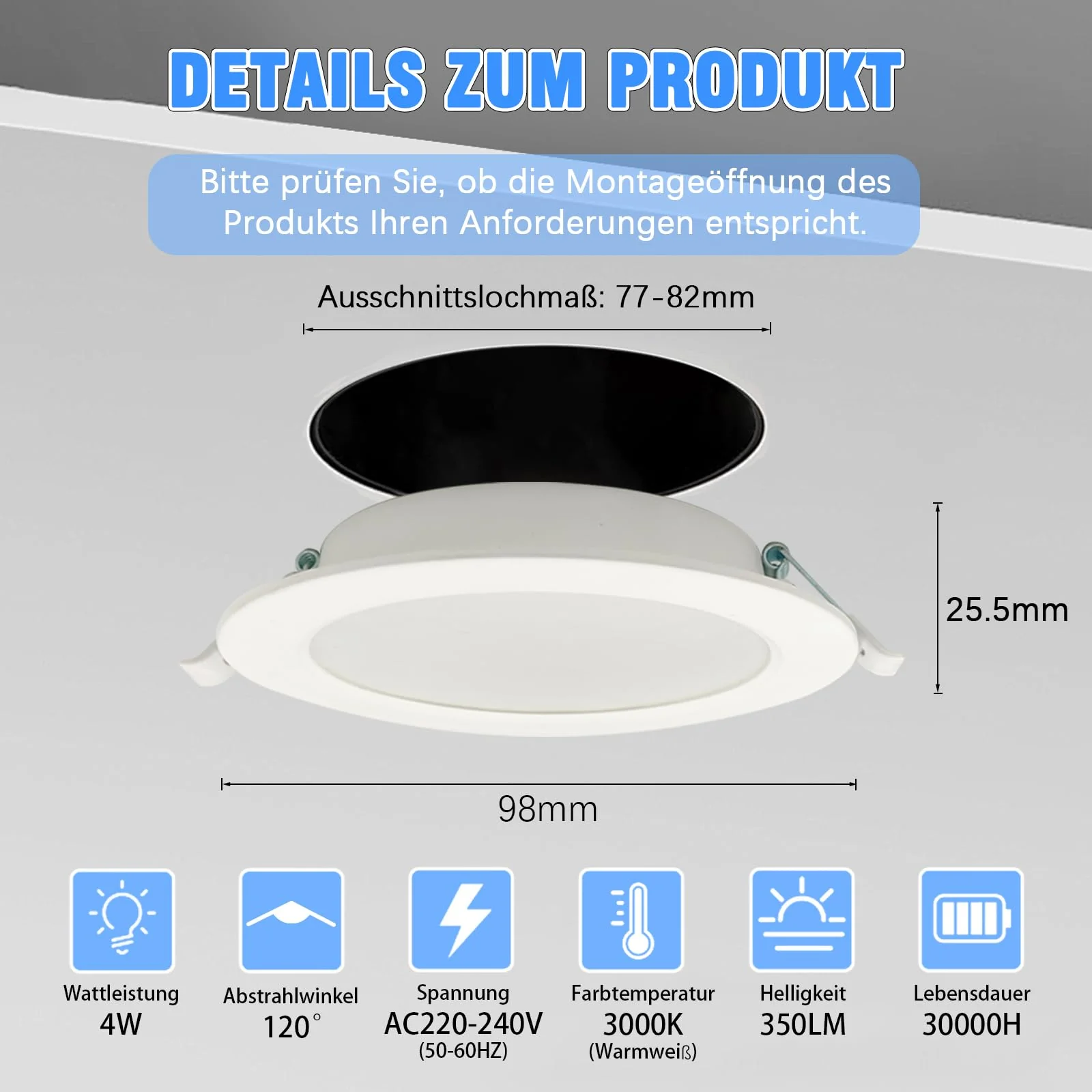 WeshLMPO LED Recessed Spotlights, 230 V, Flat Set of 6, 4 W Ceiling Spotlights, LED Spotlights, IP44 Ceiling Spotlights, LED Recessed Lights, 350 Lumens, Warm White, 3000 K, for Bedroom, Bathroom, 3000k Warm White 4W / 6er Set - Image 2