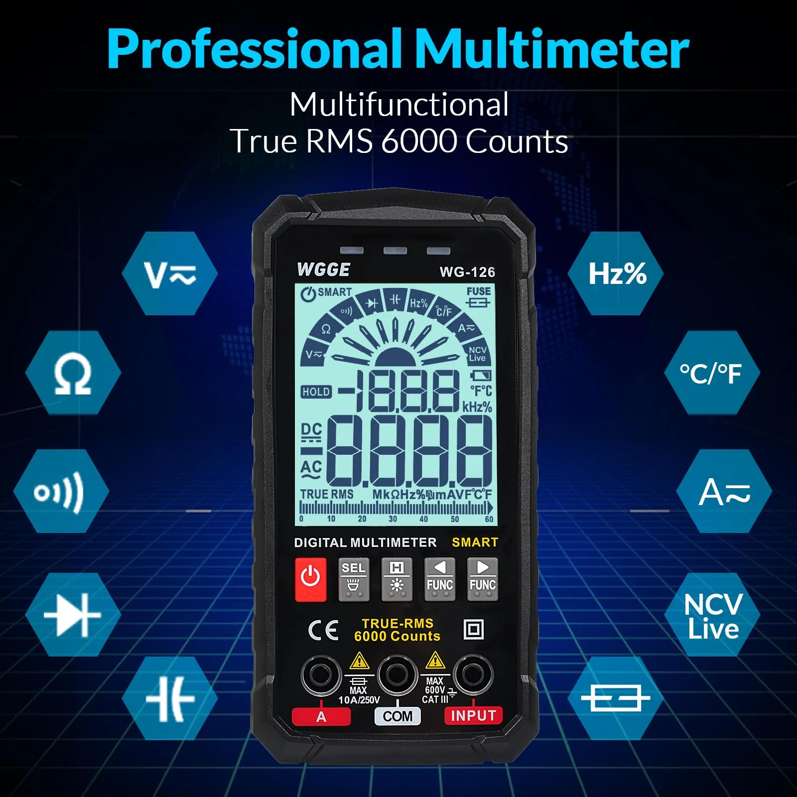 WGGE Digital Multimeter Voltmeter Smart Electrical Tester Measures Voltage Current Resistance Continuity Duty-Cycle Capacitance Temperature Frequency Auto Ranging 6000 Counts TRMS - Image 2