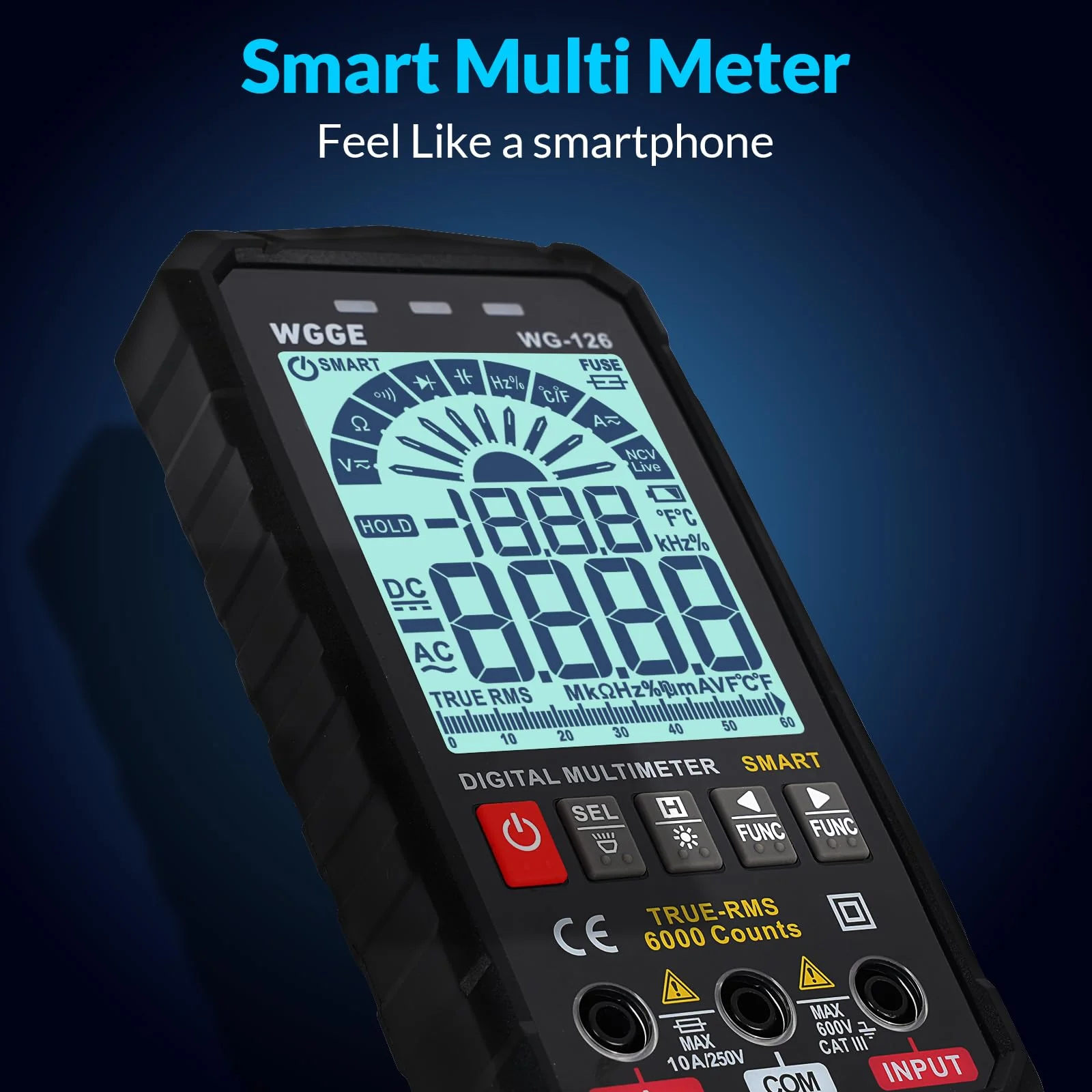 WGGE Digital Multimeter Voltmeter Smart Electrical Tester Measures Voltage Current Resistance Continuity Duty-Cycle Capacitance Temperature Frequency Auto Ranging 6000 Counts TRMS - Image 3