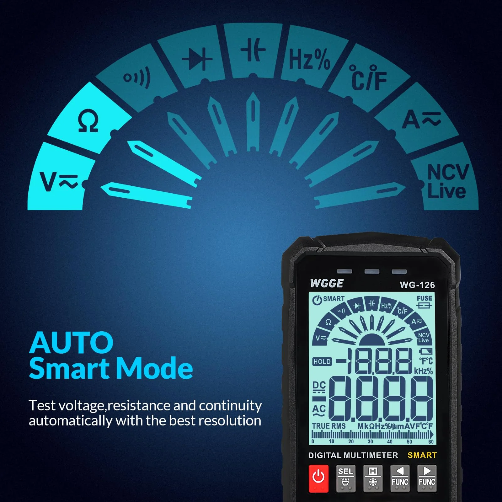 WGGE Digital Multimeter Voltmeter Smart Electrical Tester Measures Voltage Current Resistance Continuity Duty-Cycle Capacitance Temperature Frequency Auto Ranging 6000 Counts TRMS - Image 4