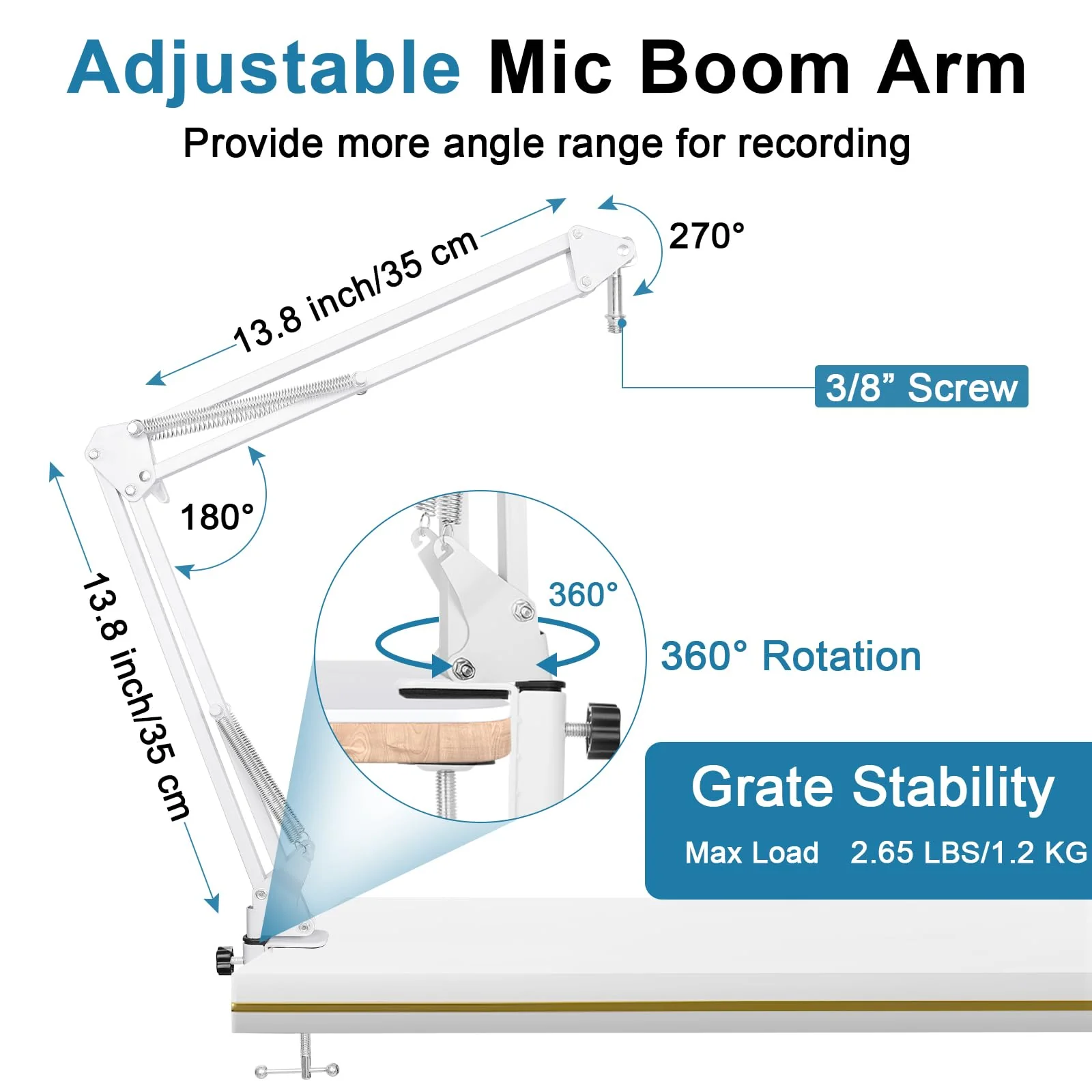 White Boom Arm for Hyperx Quadcast S, Adjustable Hyperx Quadcast White Mic Stand Microphone Arm Compatible with Hyperx Quadcast with Pop Filter,Mic Cover, By ChromLives White Boom Arm for Hyperx Quadcast S - Image 3