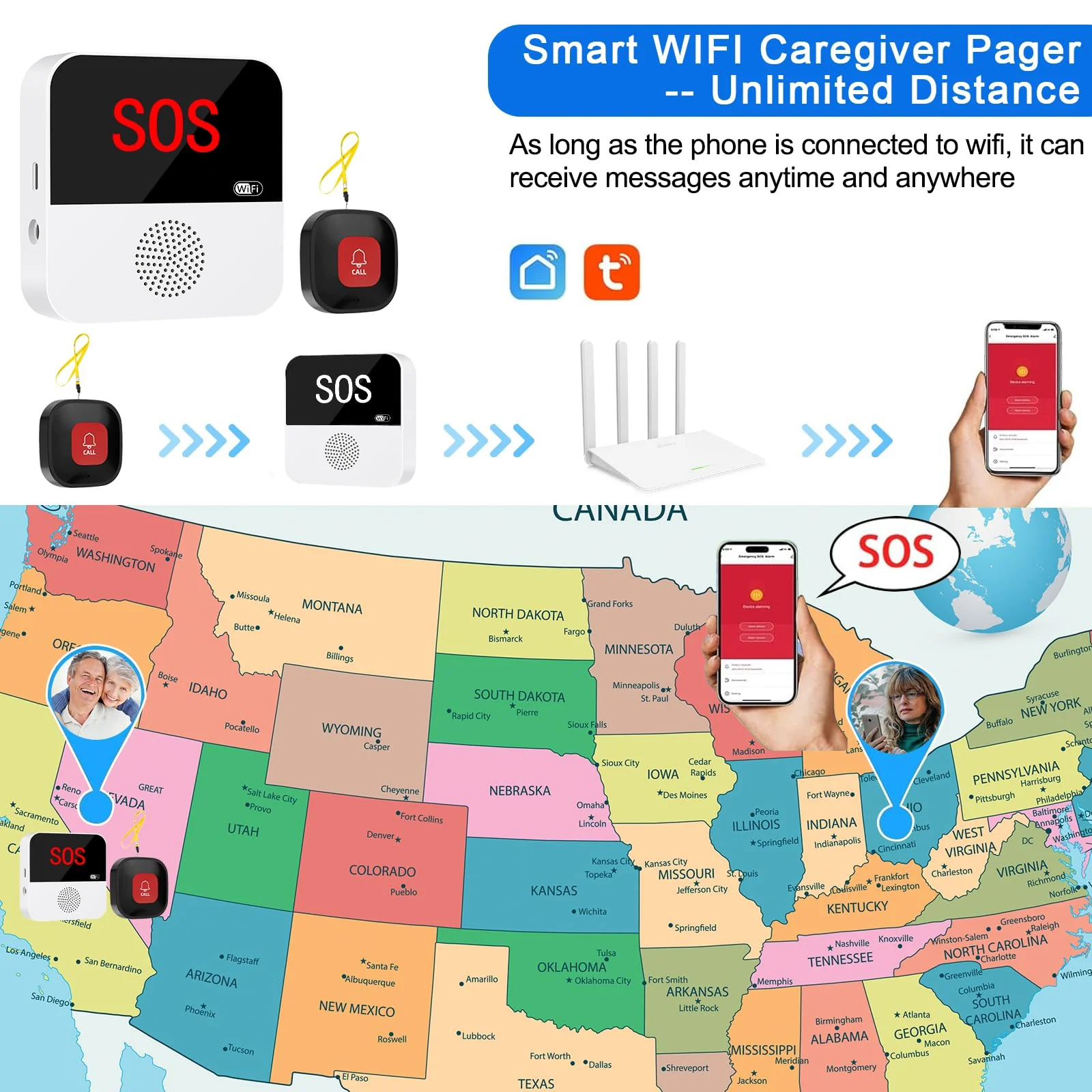 WiFi Caregiver Pager Call Button Life Alert System Elder Care Alarm Call Bell for Seniors Patient Disabled Elderly 1 Emergency Button 1 Watch Button 1 Receiver(only Supports 2.4GHz Wi-Fi) 1 button + 1 wrist button + 1 receiver - Image 3