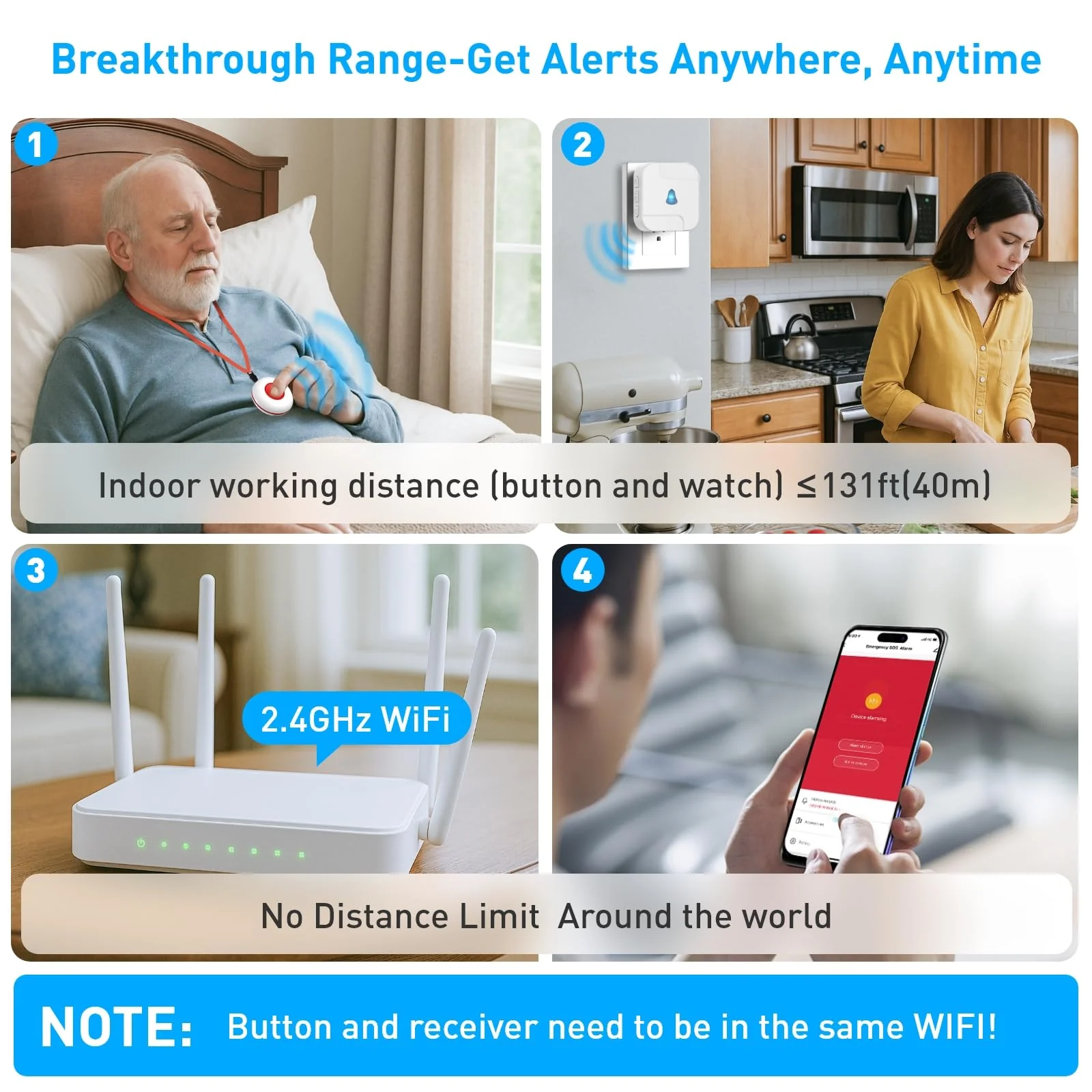 WiFi Caregiver Pager System with Emergency Button for Elderly - 1 SOS Alert Watch + 2 Wireless Call Buttons + 1 Receiver for Seniors Patient Disabled Kids (2.4GHz WiFi, No Monthly Fee) 2+1+1 White 02 - Image 2