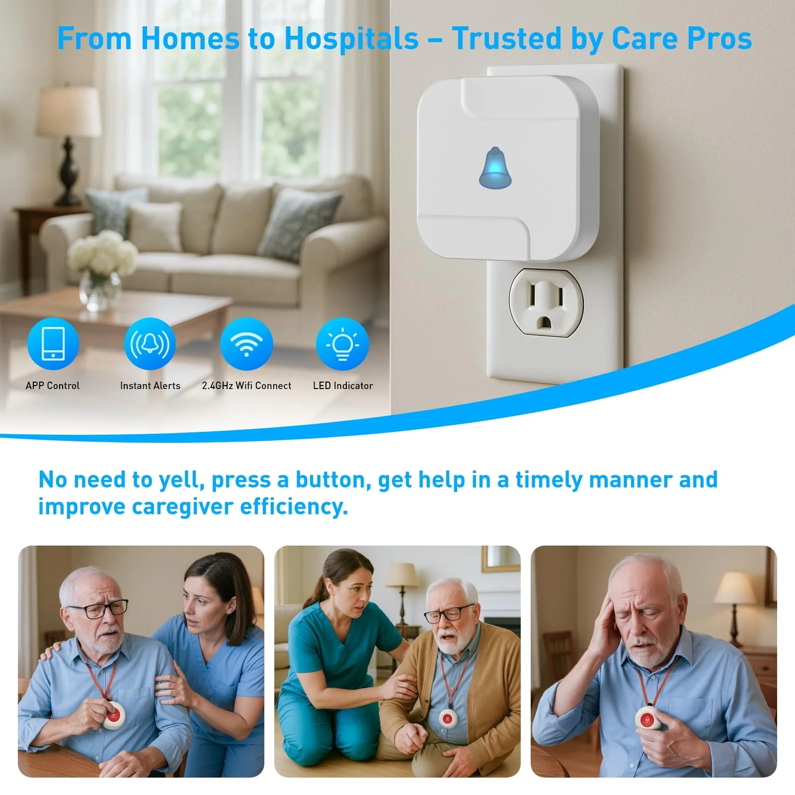 WiFi Caregiver Pager System with Emergency Button for Elderly - 1 SOS Alert Watch + 2 Wireless Call Buttons + 1 Receiver for Seniors Patient Disabled Kids (2.4GHz WiFi, No Monthly Fee) 2+1+1 White 02 - Image 4