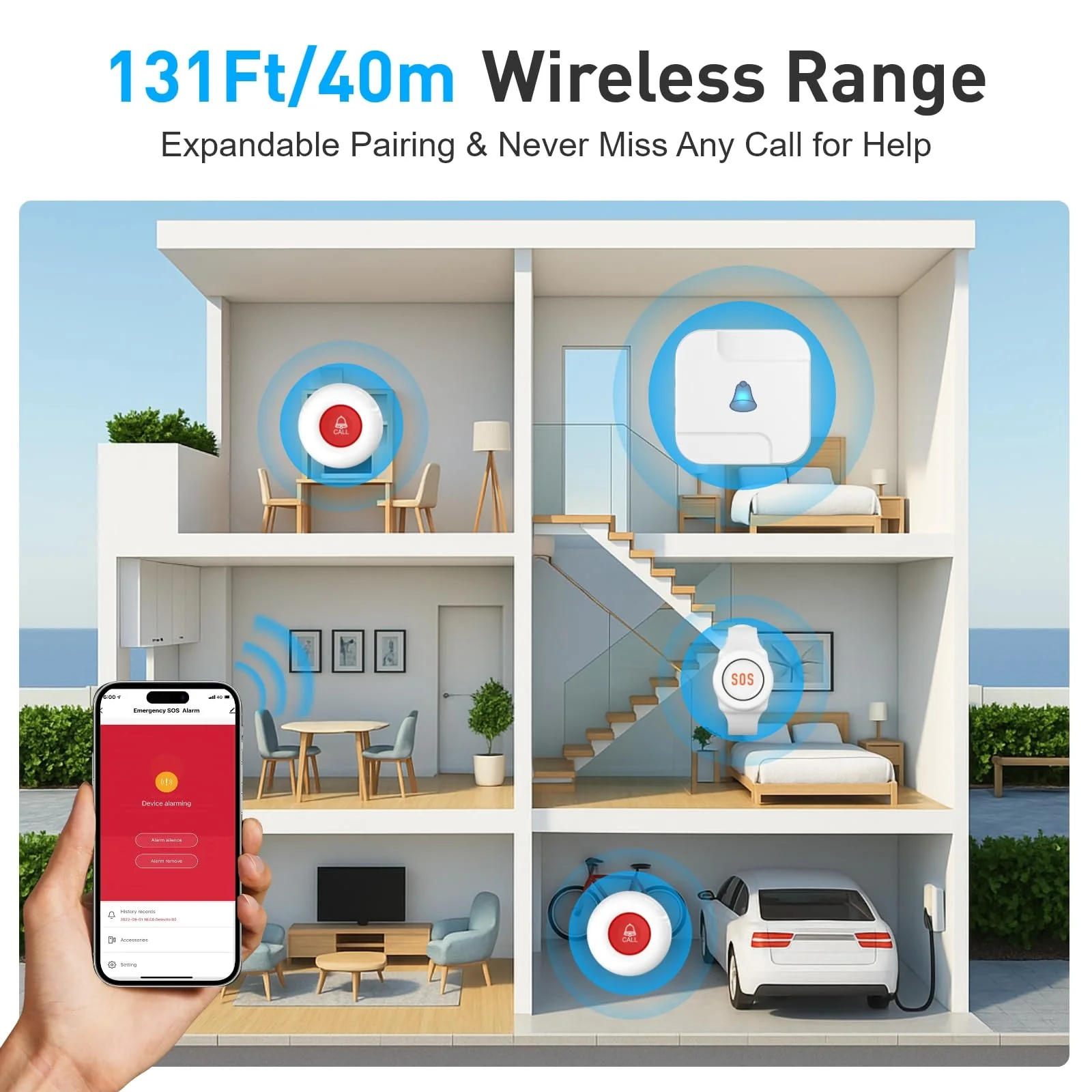 WiFi Caregiver Pager System with Emergency Button for Elderly - 1 SOS Alert Watch + 2 Wireless Call Buttons + 1 Receiver for Seniors Patient Disabled Kids (2.4GHz WiFi, No Monthly Fee) 2+1+1 White 02 - Image 5