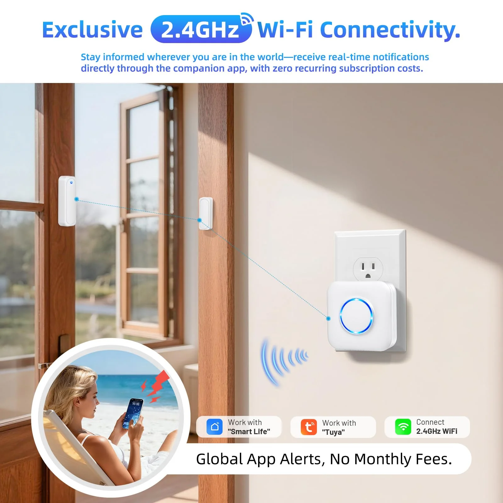 WiFi Door Sensor Chime, Smart Door Open Alert Window Sensor for Business/Home/Kids Safety, Real-Time App Notification, 500ft Range, 32 Melodies, 5 Volume Levels, Window Contact Sensor Alarm Kit White 3 - Image 2