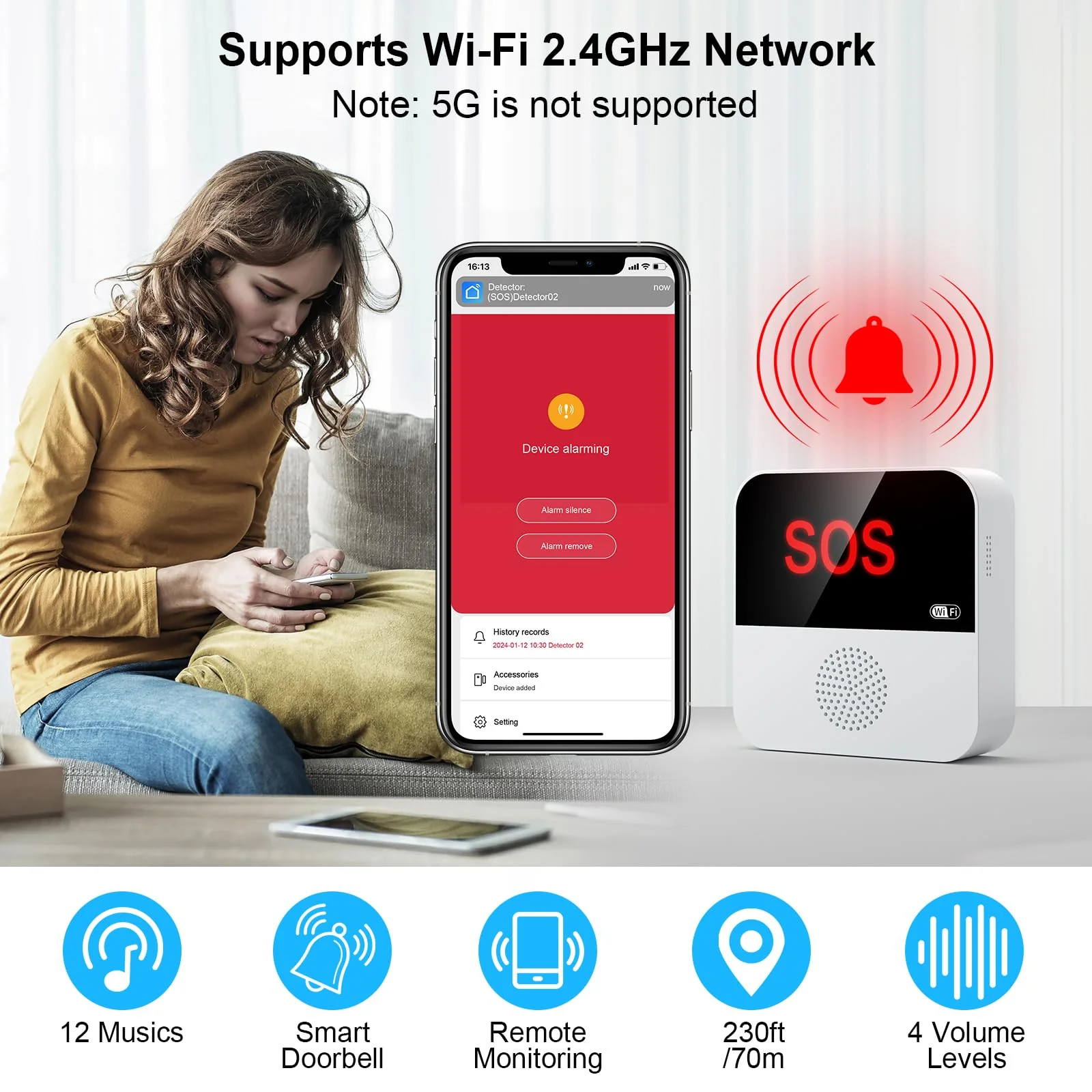 WiFi Pager, Caregiver Pagers Life Alert Systems for Seniors no Monthly Fee, 1 Receiver and 1 SOS Panic Button & 1 Watch Pager, Compatible with Tuya Smart/Smart Life APP 1 Receiver+1 Watch+1 Button - Image 2