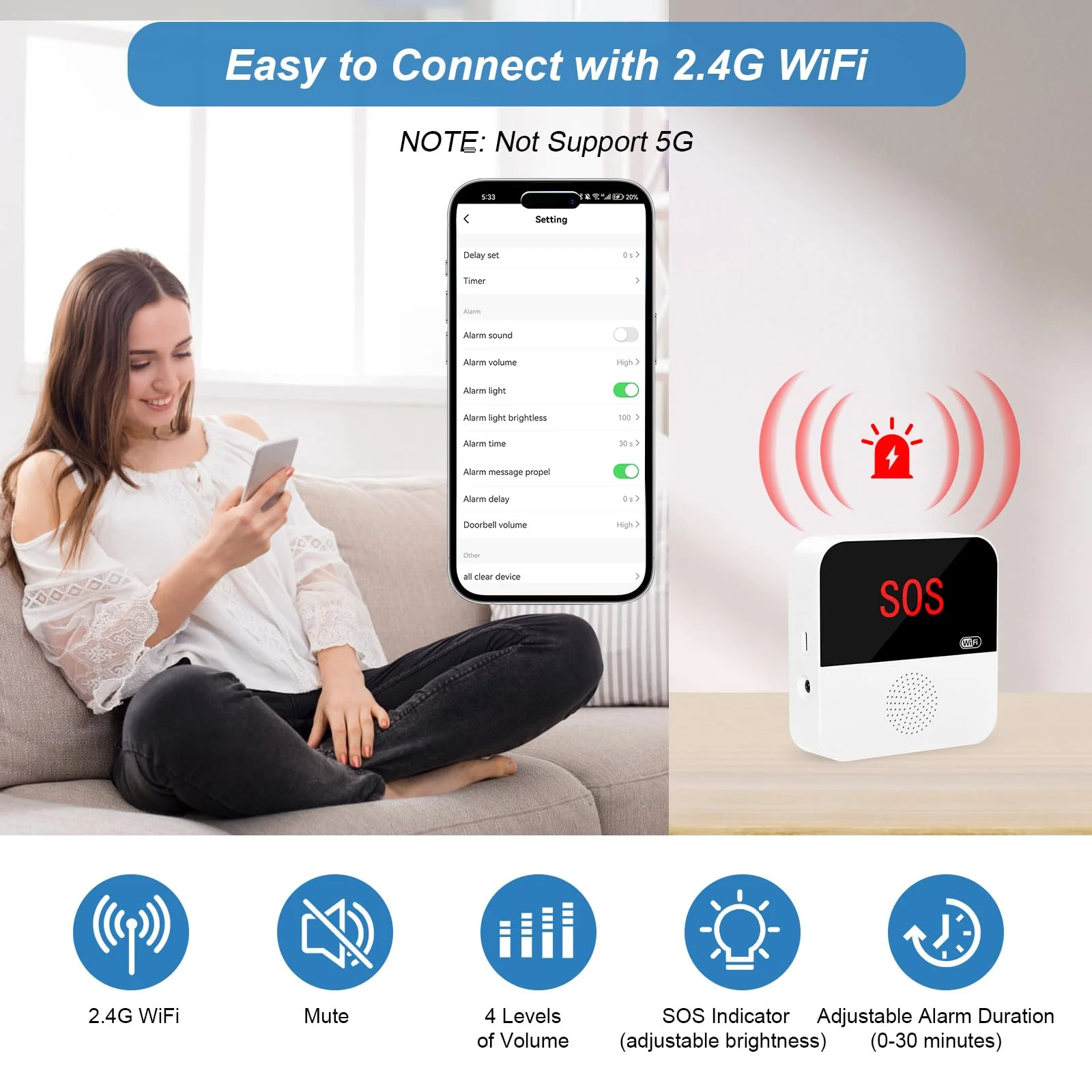 WiFi Rechargable Caregiver Pager Call Button Emergency Alert System Life Alert Button for Seniors Patient Disabled Elderly 1 Call Button 1 Watch Button 1 Receiver(only Supports 2.4GHz Wi-Fi) - Image 7