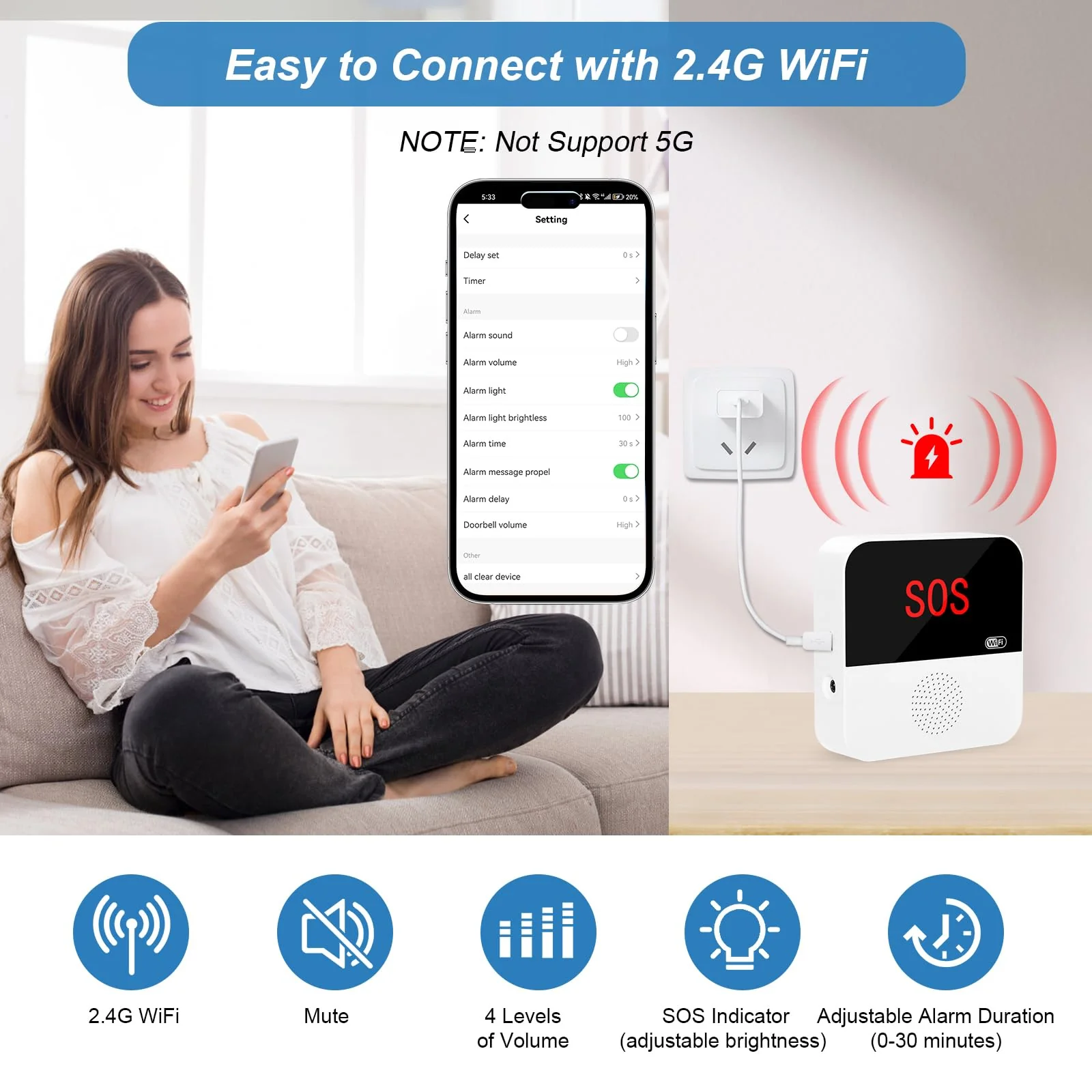 WiFi Smart Wireless Caregiver Pager Call Button Emergency Alert System Life Alert Button for Elderly Patient Seniors Disabled 1 SOS Panic Button 1 Receiver(Only Supports 2.4GHz & No Monthly Fee) 1 Button & 1 Receiver - Image 6