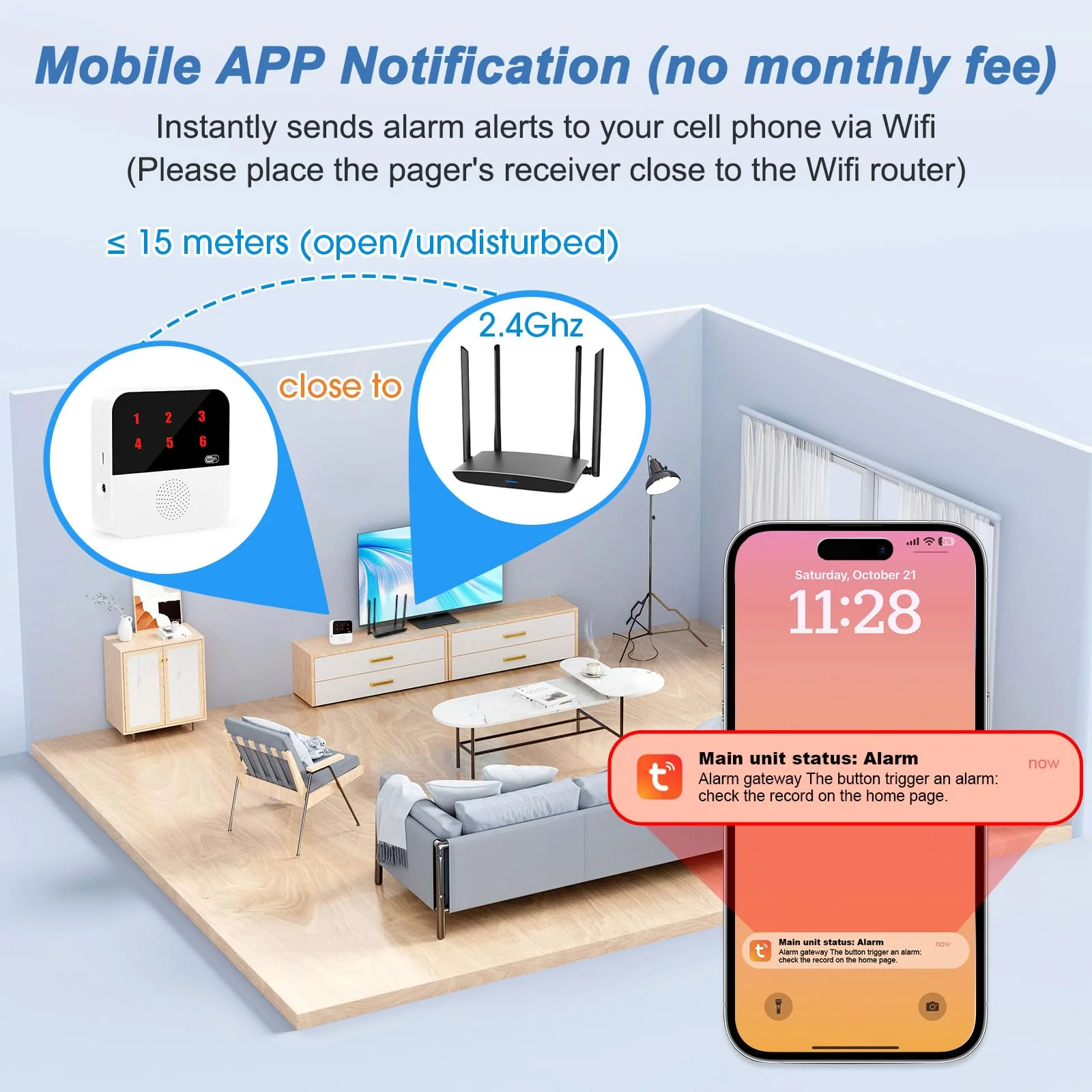WiFi Smart Wireless Caregiver Pagers for Elderly Alert Button That Calls Cell Phone Caregiver Alert System with LED Number Display 2 SOS Call Button 1 Receiver(Only Supports 2.4GHz & No Monthly Fee) 2 Button & 1 Receiver - Image 5