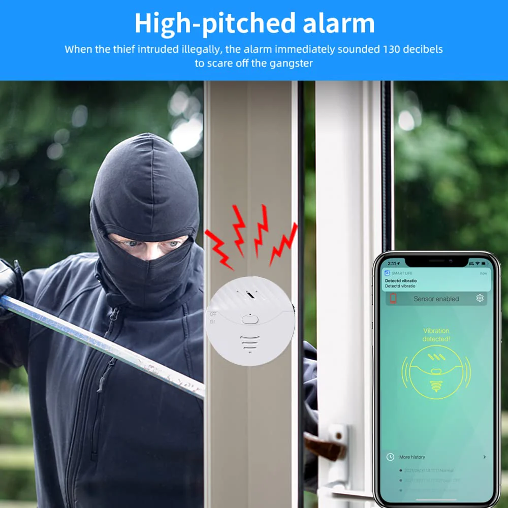 WiFi Window Alarm System, 2 Pack Glass Break Detection with Phone APP, 120dB Smart Alarms with Adjustable Vibration Sensor for Car,Home Security (2PCS) - Image 2