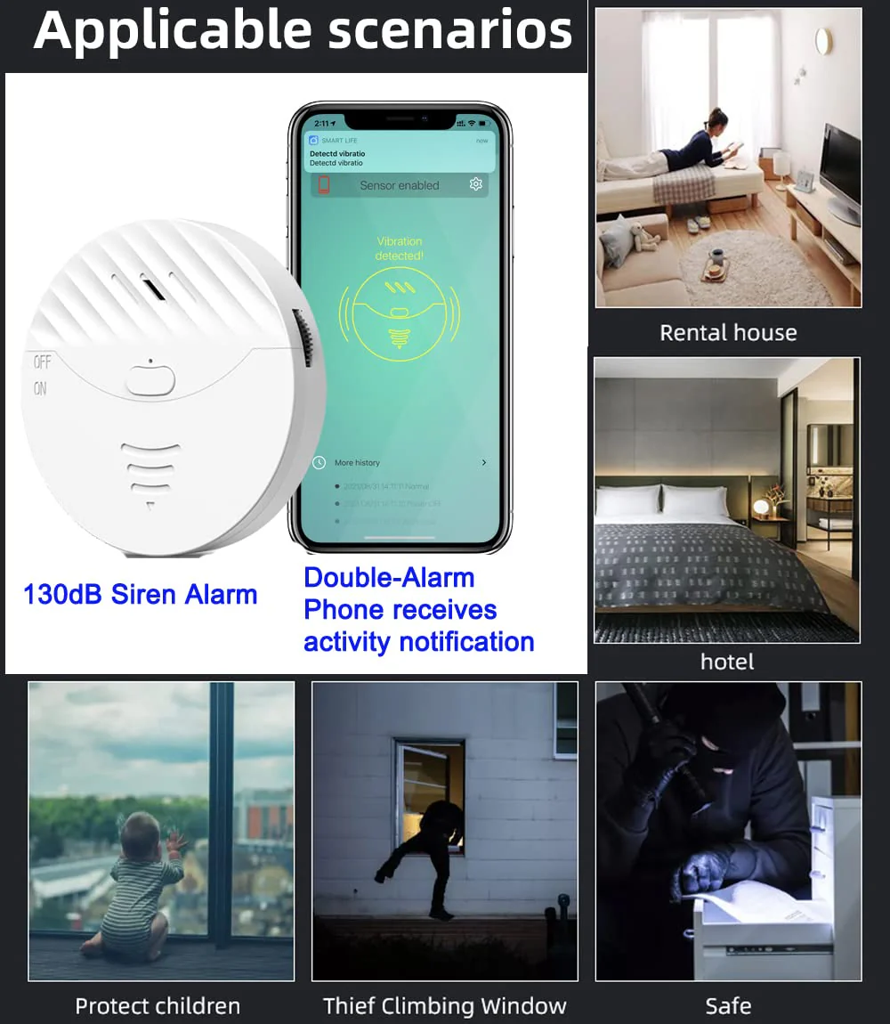 WiFi Window Alarm System, 2 Pack Glass Break Detection with Phone APP, 120dB Smart Alarms with Adjustable Vibration Sensor for Car,Home Security (2PCS) - Image 4