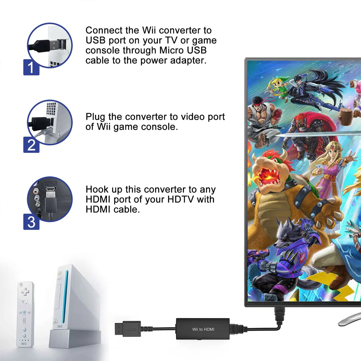 Wii to HDMI Adapter - Convert 1080P/720P Ypbpr Signals to Digital HDMI for Nintendo Wii and U Wii adapter with cable - Image 3