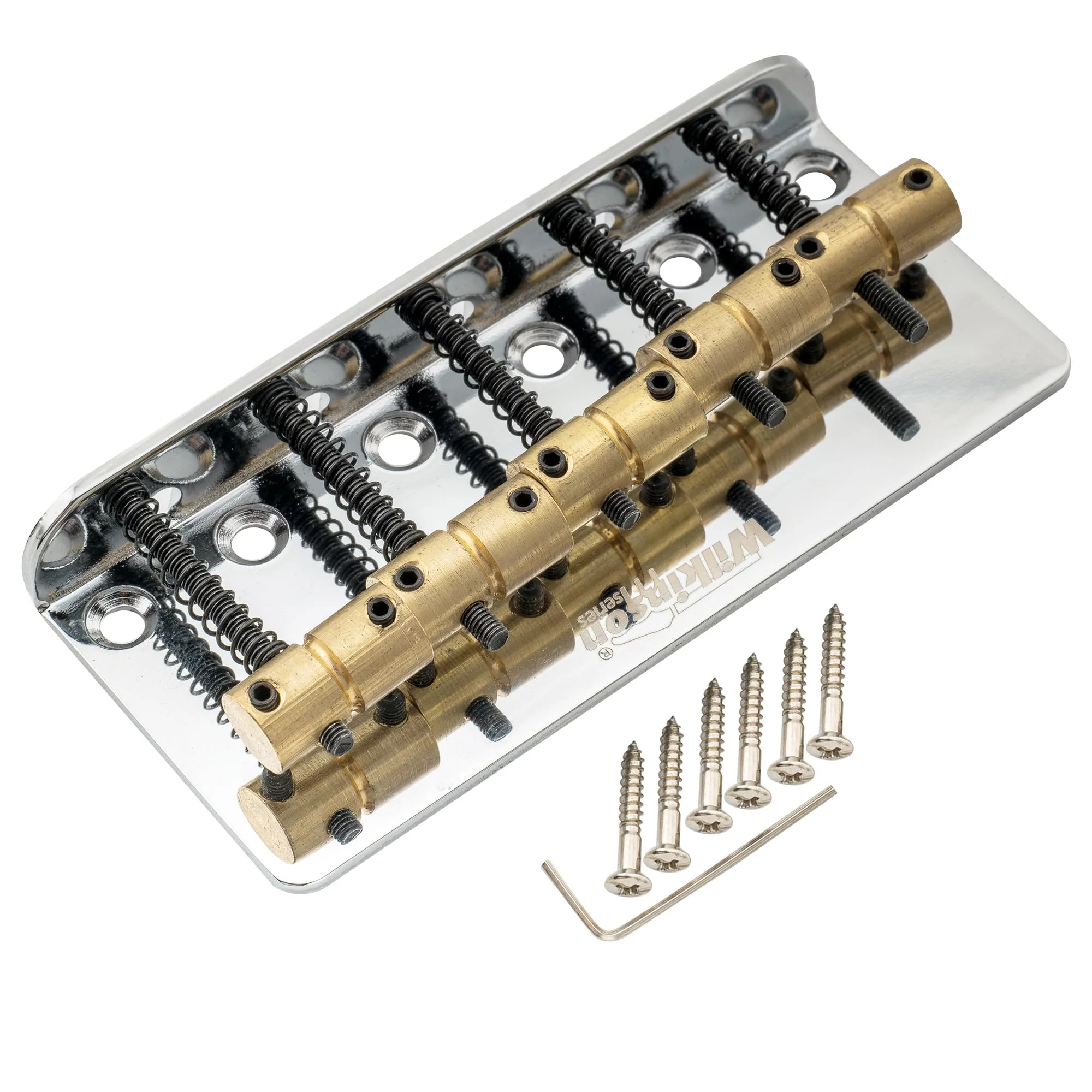 Wilkinson 72mm (2-53/64 Inch) 5-String Bass Bridge Vintage Brass Saddles for Precision/Jazz Bass, Chrome - Image 4