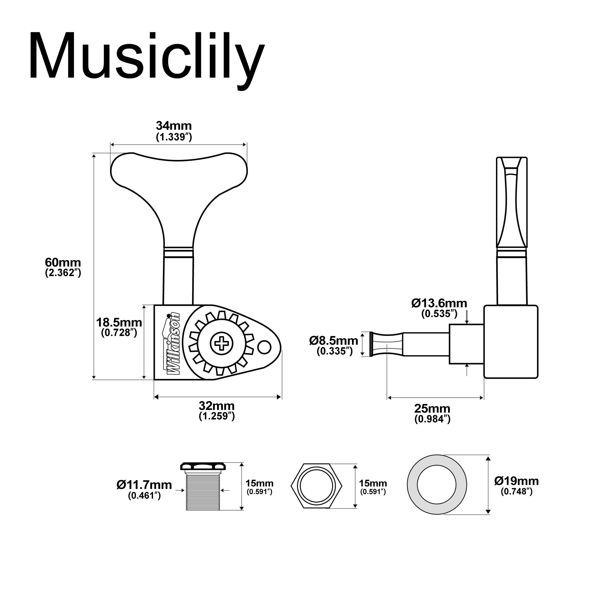 Wilkinson WJB750 2L +2R Bass Machine Heads 1:20 Ratio Open Gear Tuners Tuning Pegs Keys Replacement for Electric Jazz Bass or Precision Bass, Black - Image 2