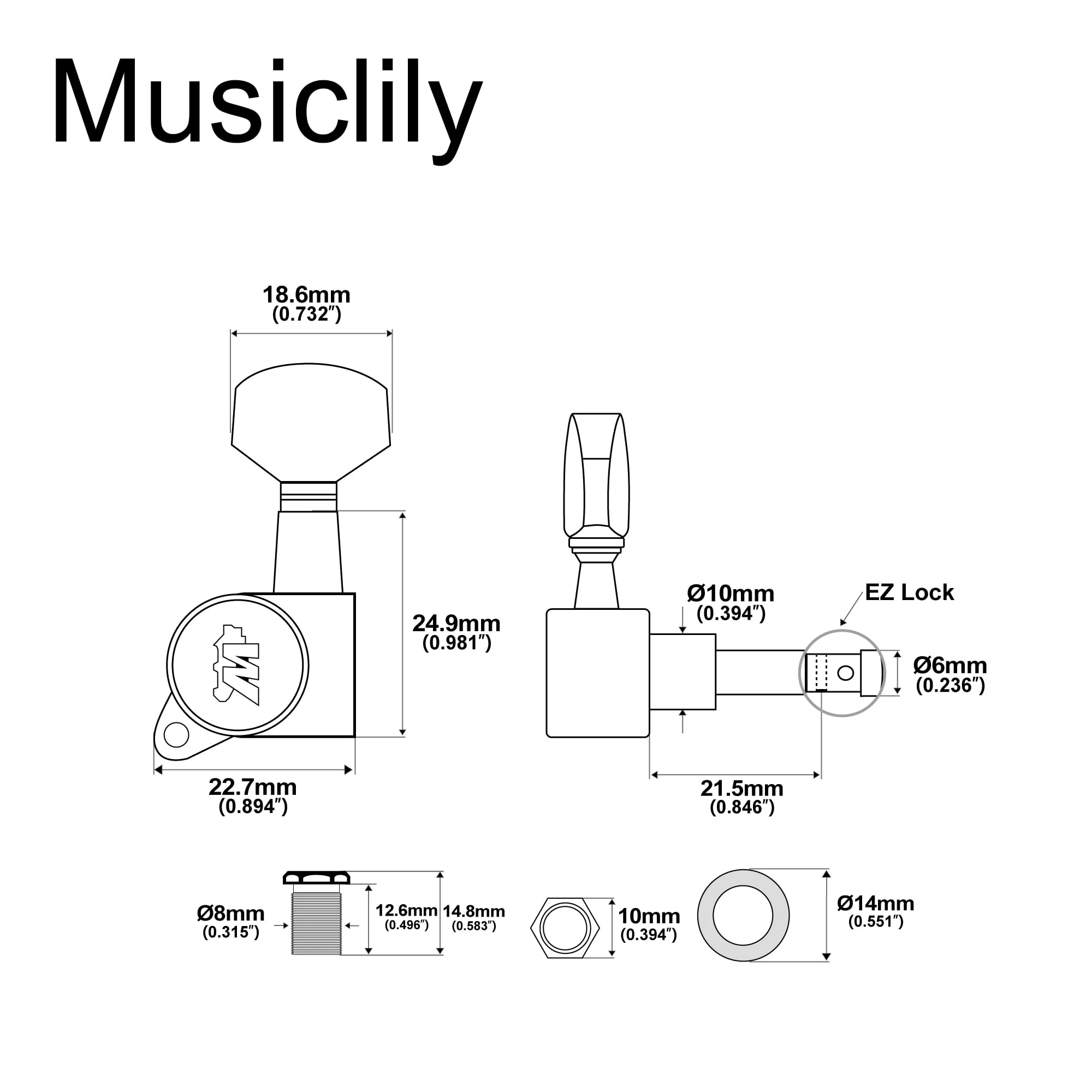 Wilkinson WJN07 Left Handed 6 inline EZ-LOK Guitar Tuners Machine Heads 19:1 Ratio Tuning Pegs Keys for Stratocaster Telecaster Electric Guitar, Black - Image 2