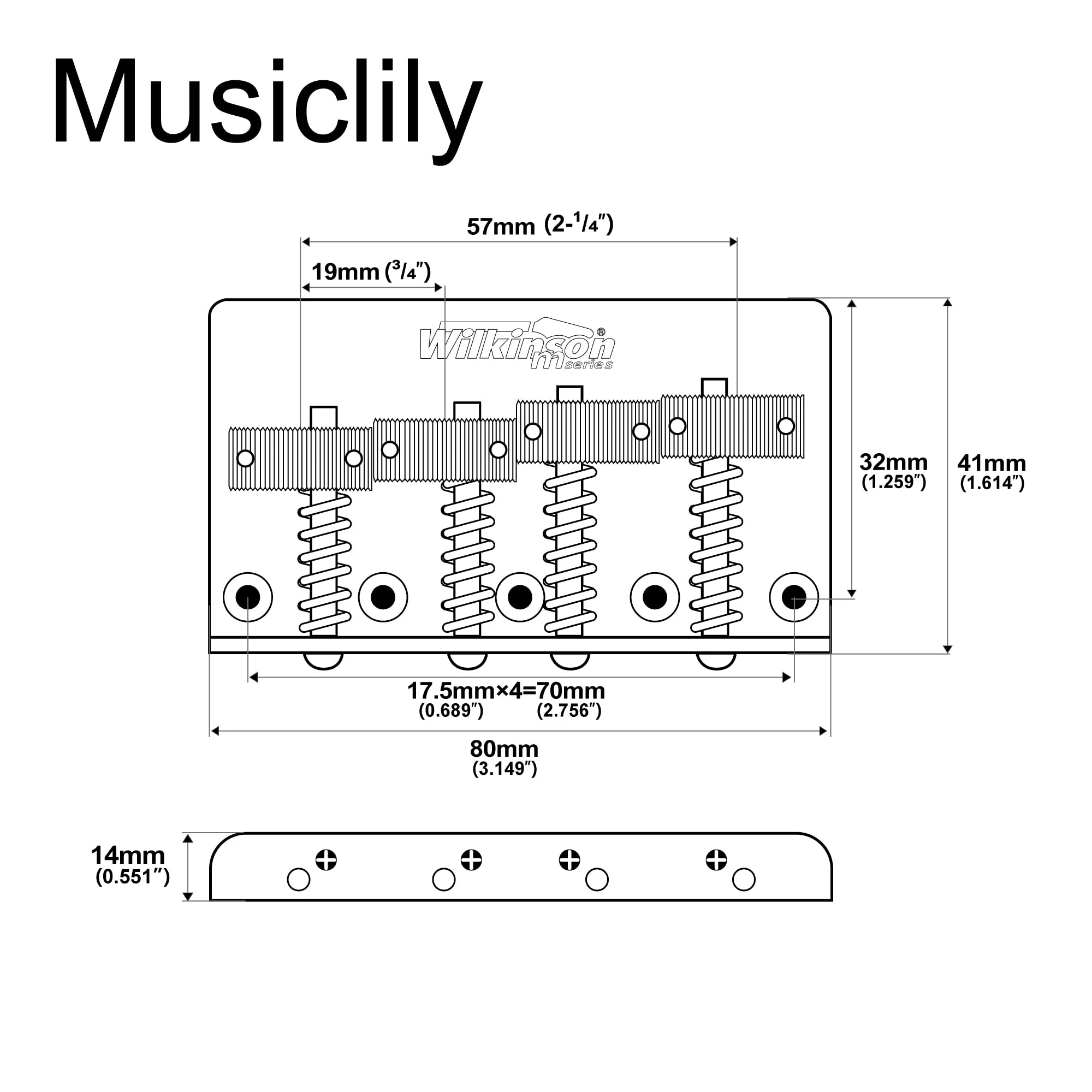 Wilkinson WOB41T 57mm (2-1/4 inch) 4-String Bass Bridge Threaded Saddles for Precision/Jazz Bass, Chrome - Image 2