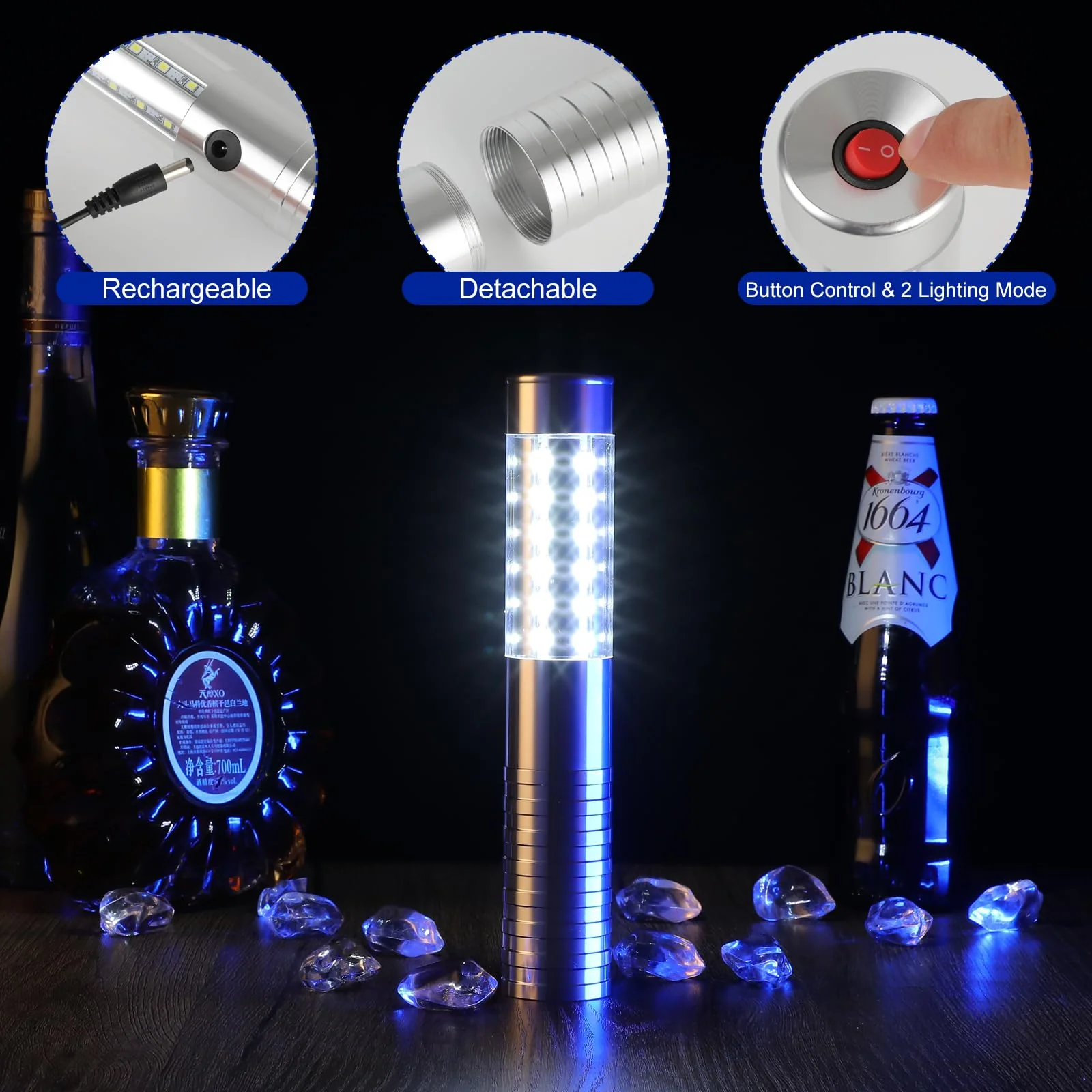 WILON Bottle Service Lights Rechargeable Bottle Service Sparklers Reusable Handheld Girl Lights LED Baton Strobe Light for Parties Bar Club Nightclub Birthday Weddings - 2 Pack Silver-2P - Image 3