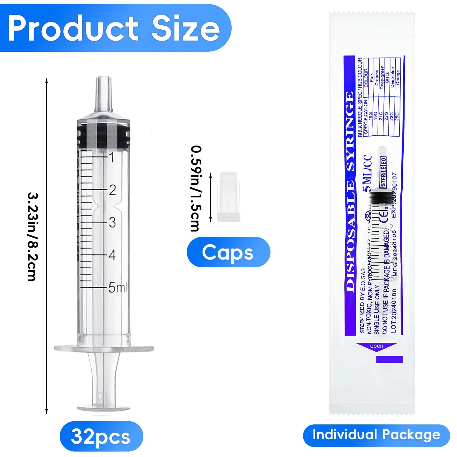 winbest Syringe 5 ml, Pack of 32 Individual Package Plastic Syringe with Cap Plastic Syringe Without Needle Reusable Syringe for Liquid Measurement and Dispensing, Animal Feeding, Plant Watering - Image 2