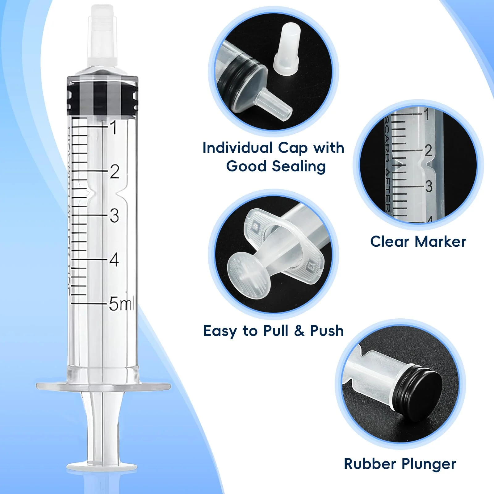 winbest Syringe 5 ml, Pack of 32 Individual Package Plastic Syringe with Cap Plastic Syringe Without Needle Reusable Syringe for Liquid Measurement and Dispensing, Animal Feeding, Plant Watering - Image 3