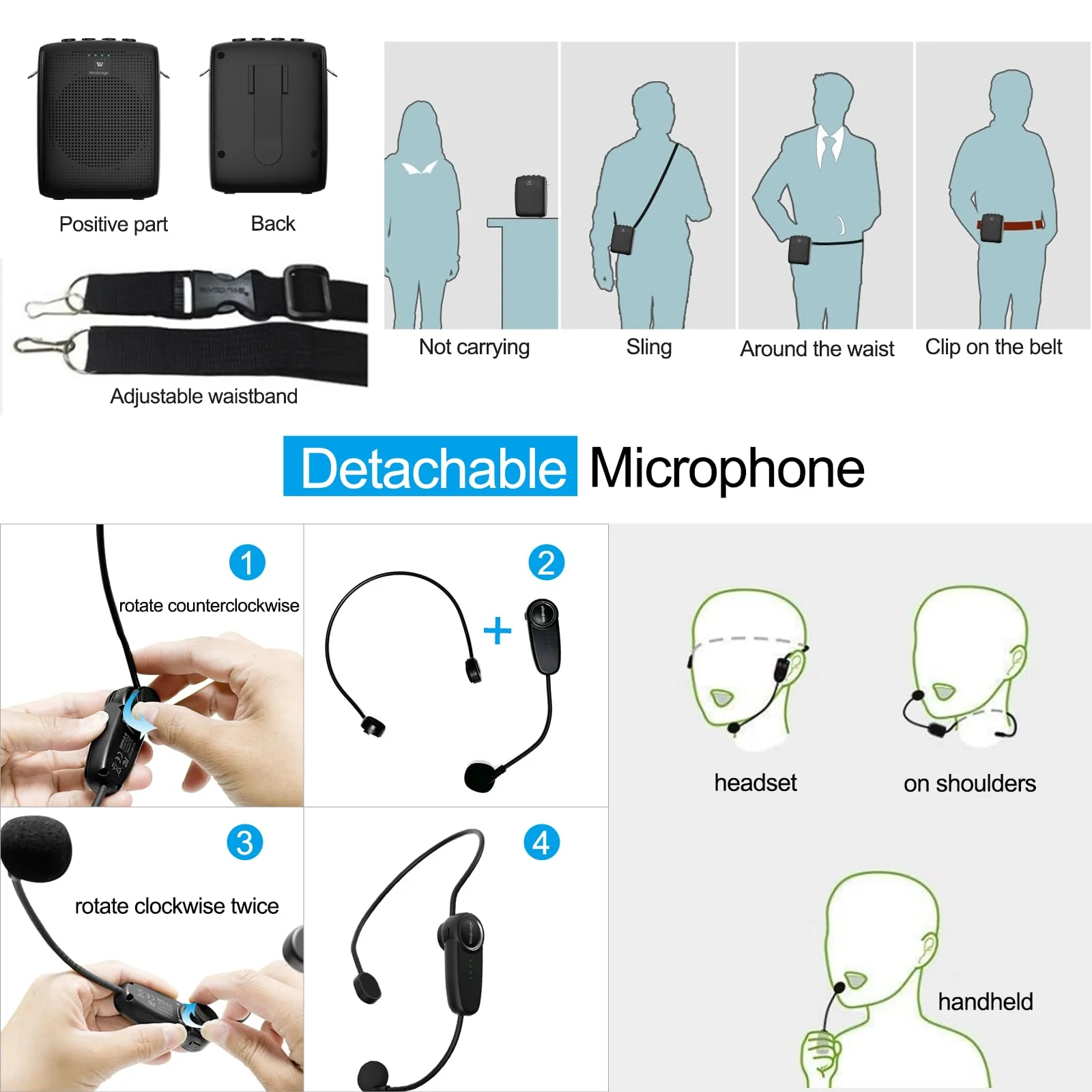 WinBridge Bluetooth Voice Amplifier for Teachers, Wireless Voice Amplifier with Bluetooth Headset Microphone, Portable Megaphone Speaker Headset System, Teacher Must Haves 15W WB002 - Image 6