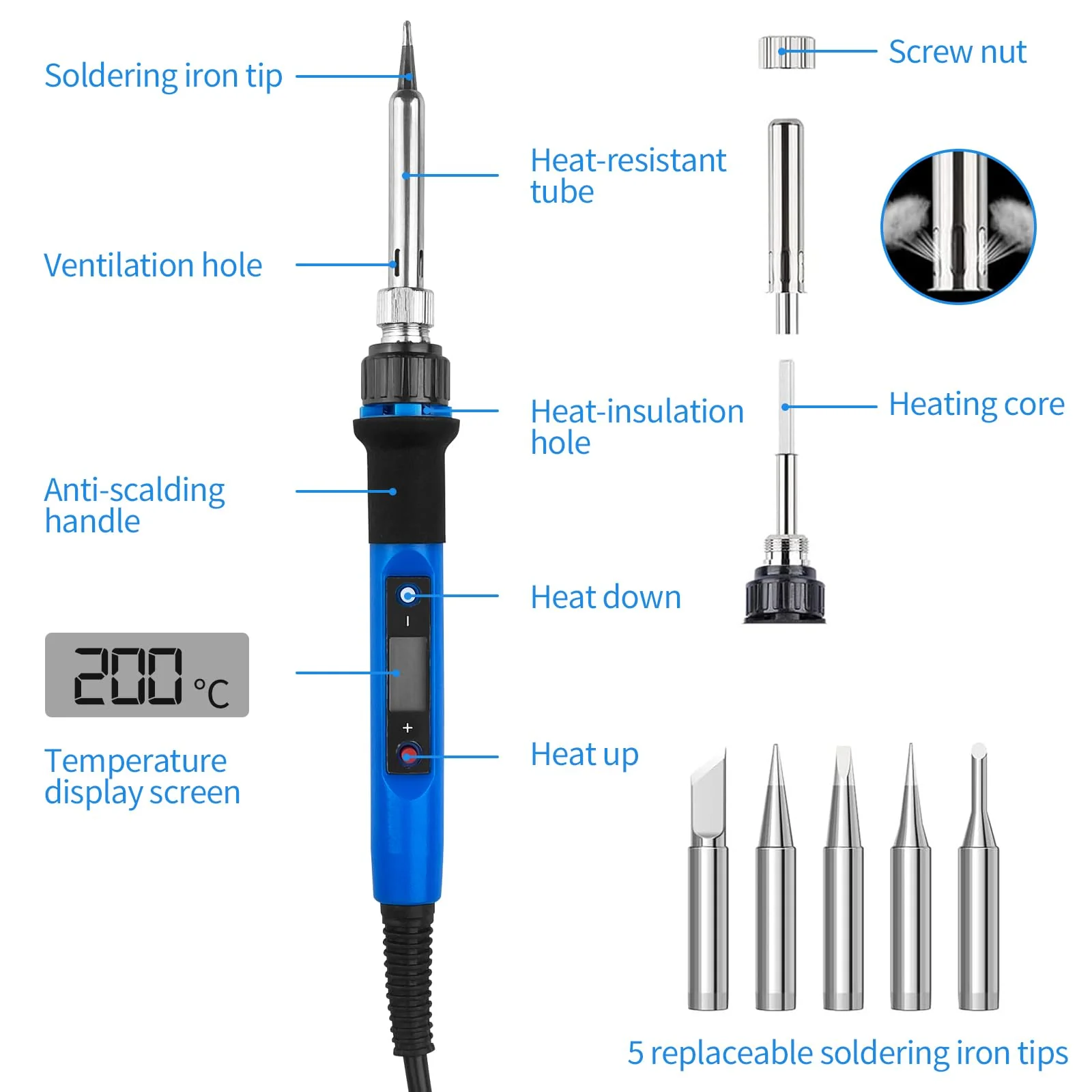 WinGluge 80 W Soldering Iron Set, Soldering Station with Temperature Adjustable 180-480 °C, Soldering Set with Soldering Wire, Soldering Iron Kit with LED Screen and 5 Soldering Tips for Hot Cutting - Image 3