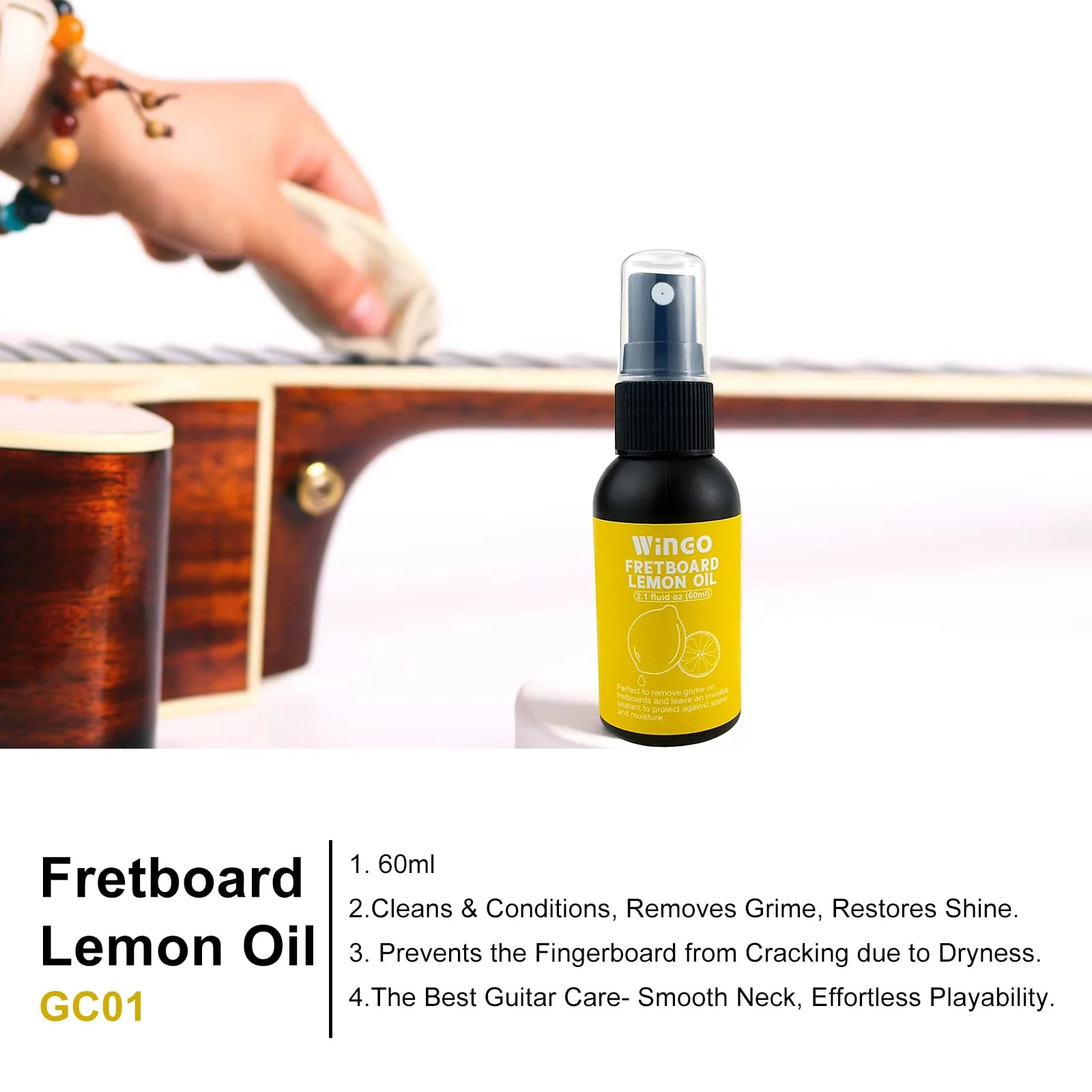 WINGO Guitar Cleaning and Care Kit, Polish and Cleaner, Fretboard Lemon oil, Guitar String-cleaner and Tool Brush, Cleaning Cloth & Brush for Guitar Cleaning and Maintenance. - Image 2