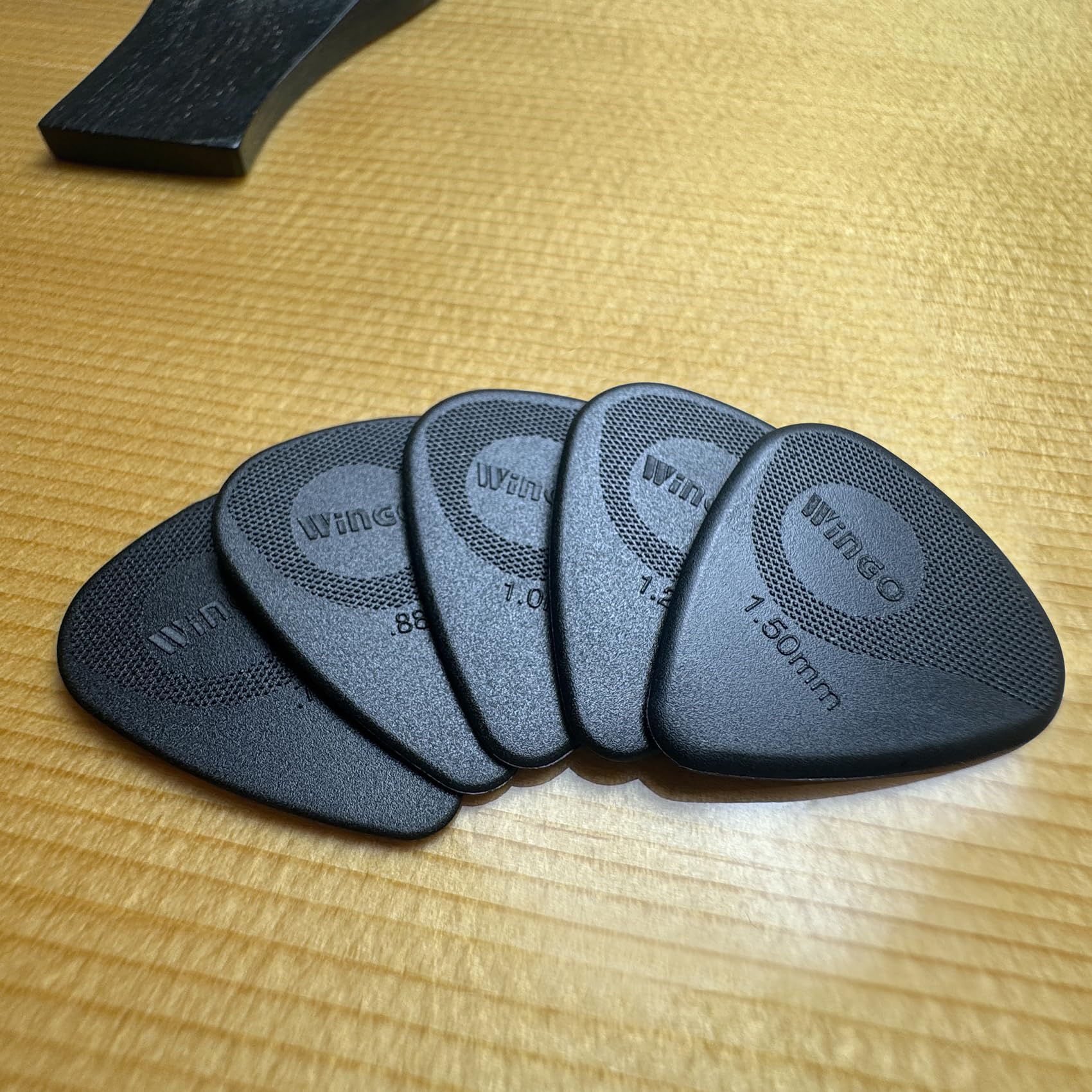 WINGO Guitar Picks with Grip Stamped, Non Slip Picks 5 Pack (073, 088, 1.0, 1.25, 1.5mm) for Acoustic Electric Guitar Bass- Black Color. - Image 3