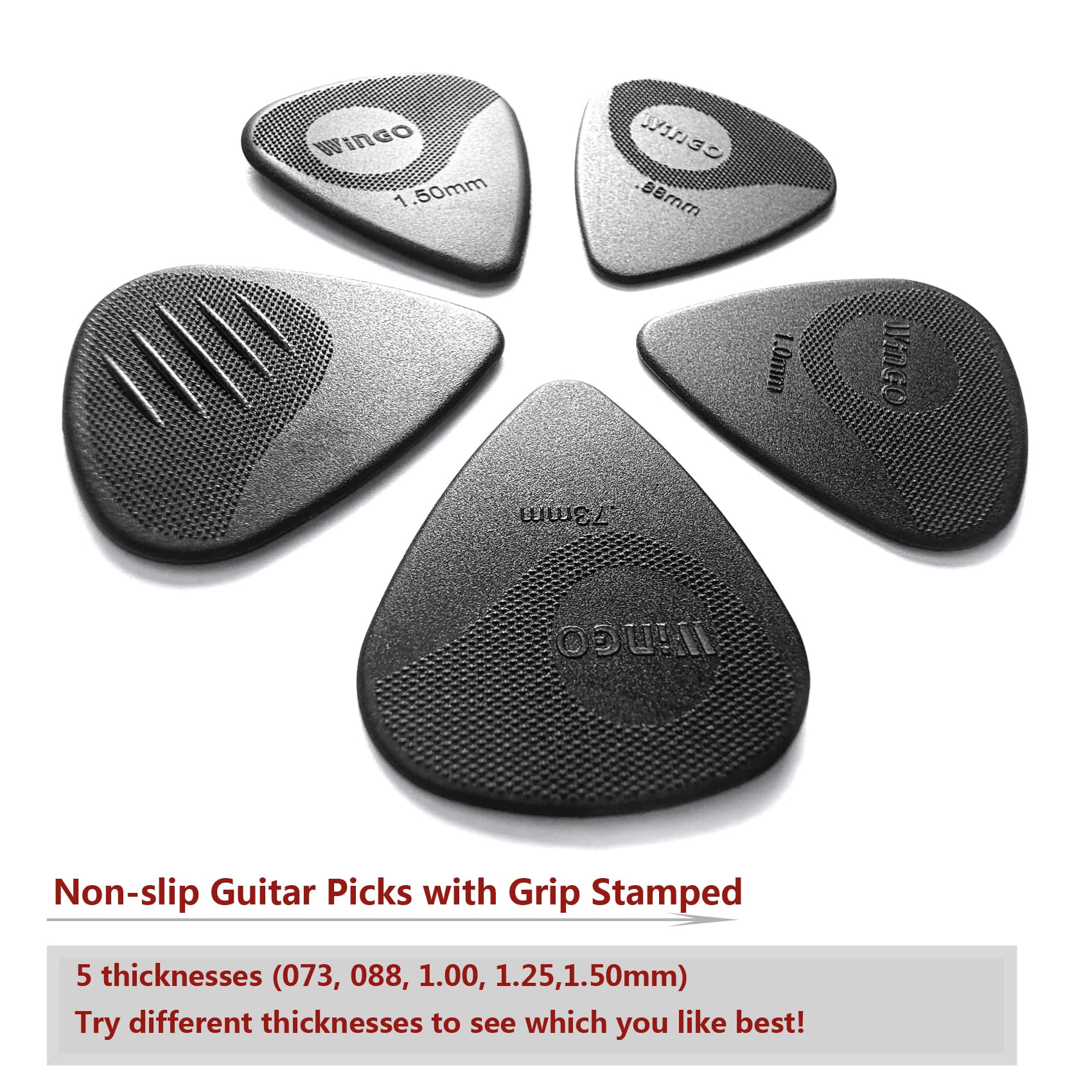WINGO Guitar Picks with Grip Stamped, Non Slip Picks 5 Pack (073, 088, 1.0, 1.25, 1.5mm) for Acoustic Electric Guitar Bass- Black Color. - Image 4