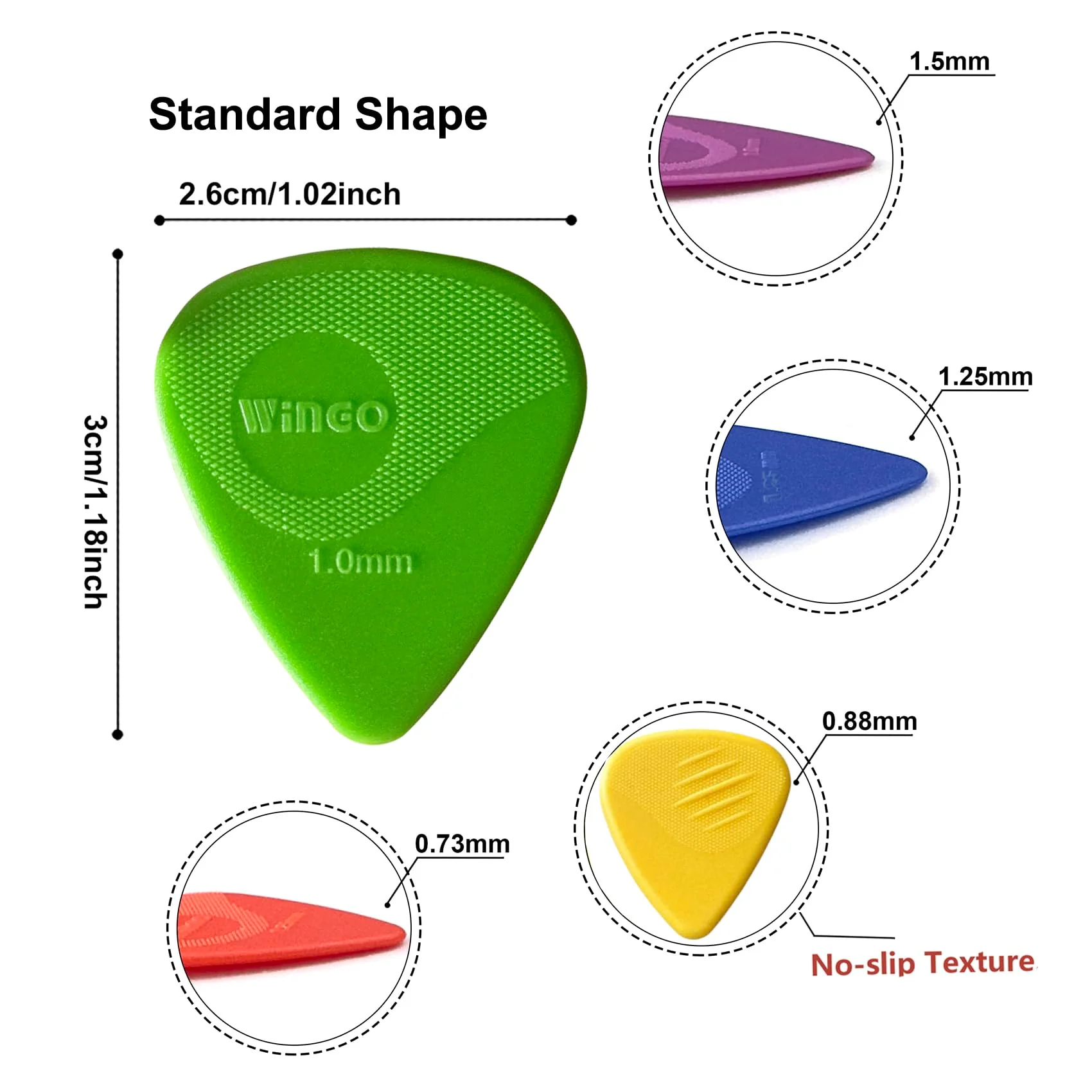 WINGO Guitar Picks with Grip Stamped, Non Slip Picks 5 Pack (073, 088, 1.0, 1.25, 1.5mm) for Acoustic Electric Guitar Bass Multicolor - Image 5