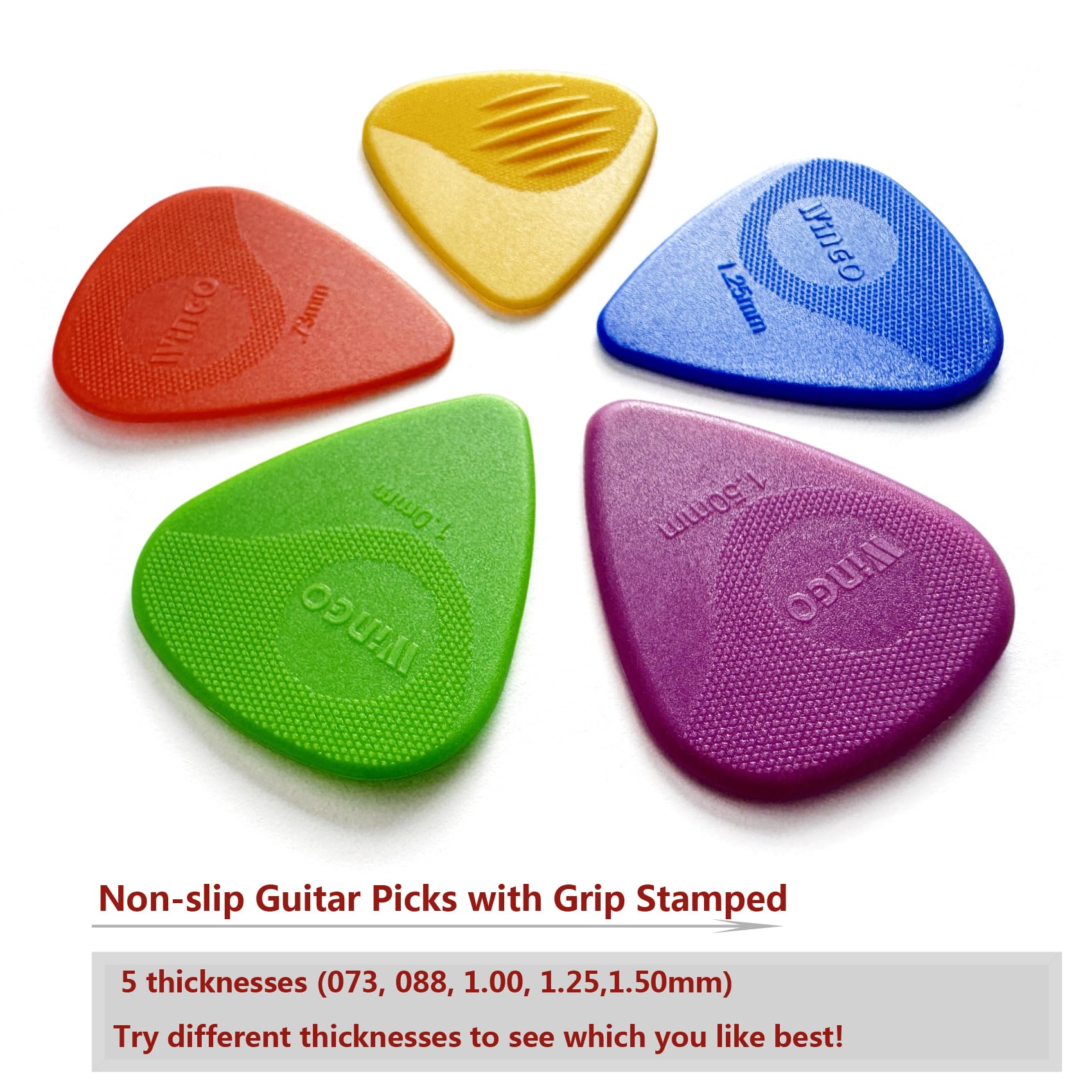 WINGO Guitar Picks with Grip Stamped, Non Slip Picks 5 Pack (073, 088, 1.0, 1.25, 1.5mm) for Acoustic Electric Guitar Bass Multicolor - Image 6