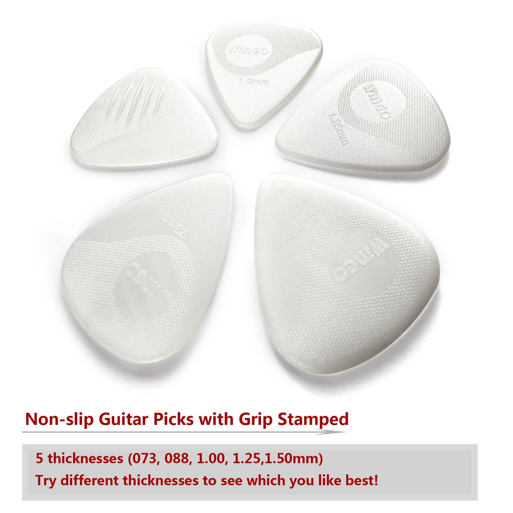 WINGO Guitar Picks with Grip Stamped, Non Slip Picks 5 Pack (073, 088, 1.0, 1.25, 1.5mm) for Acoustic Electric Guitar Bass- White Color. - Image 4