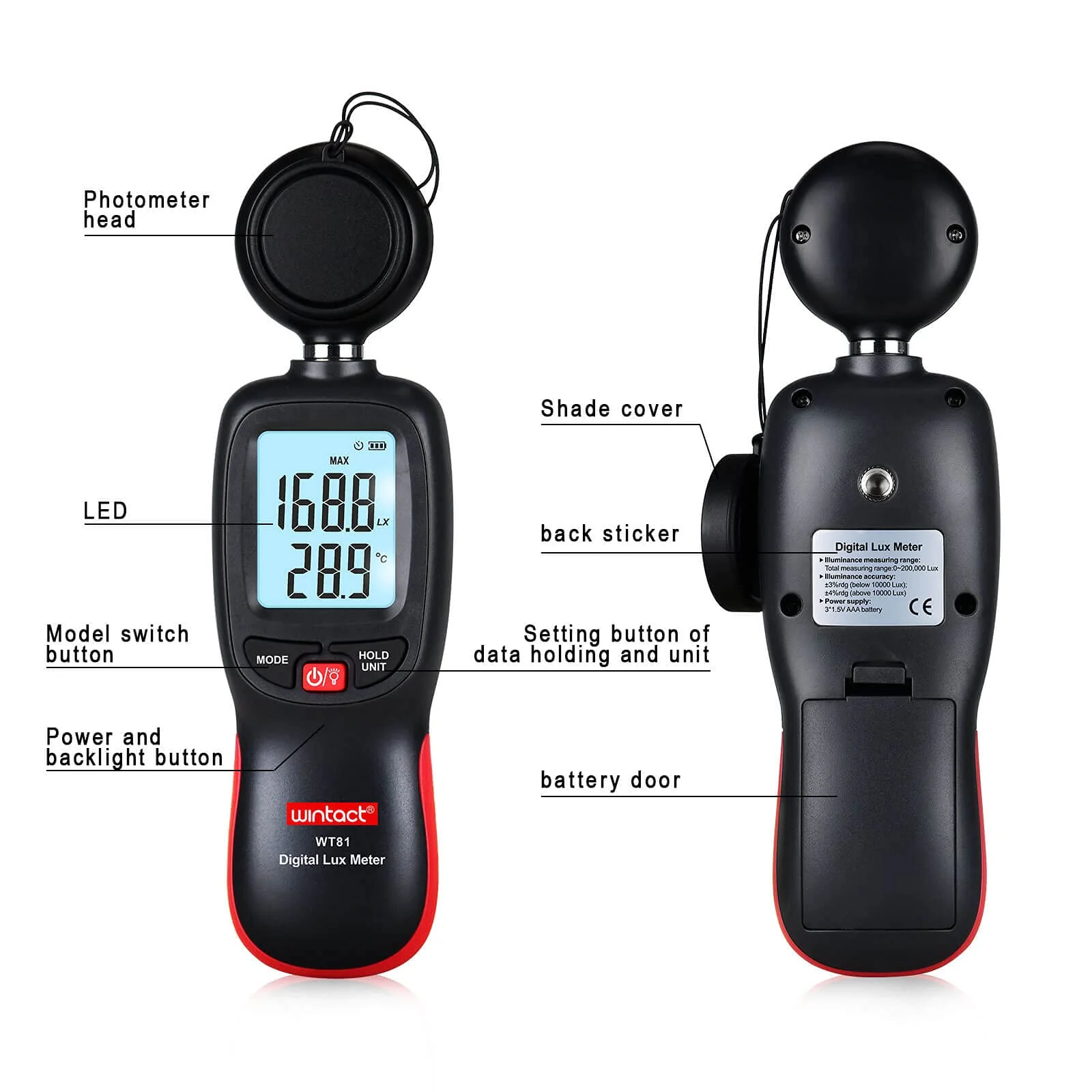 Wintact Digital Illuminance Light Meter Handheld with Thermometer Ambient, Lux Meter Range up to 200,000 Lux, Photometer Light Intensity Sense Test for Garden Indoor Plants LED Grow Light, Photography - Image 6