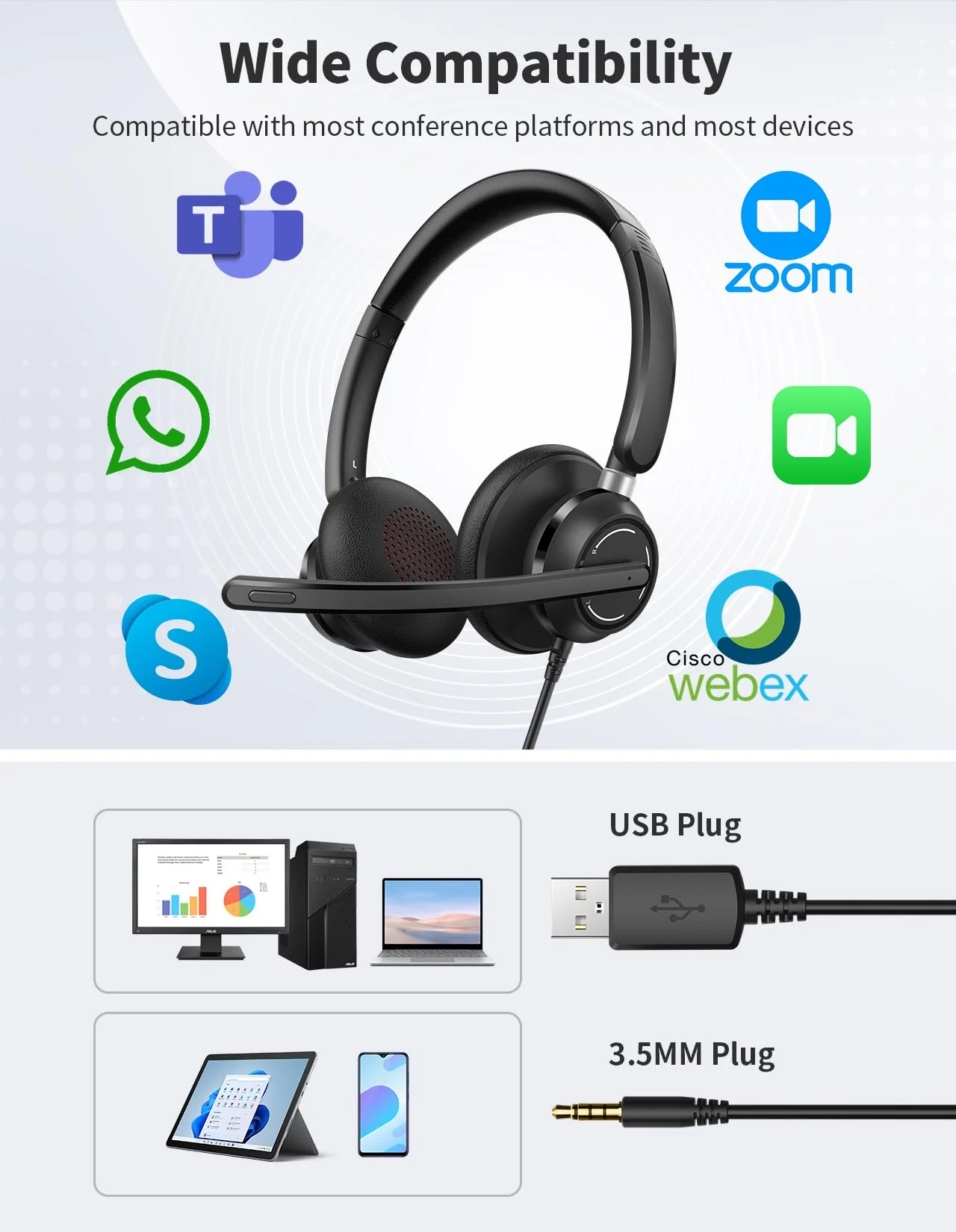 Wired Headphones with Microphone for PC, On-Ear Computer Laptop USB Headset with Noise Cancelling Microphone in-line Control for Home Office Online Class Skype Zoom, (3.5mm + USB) 1 Count - Image 6