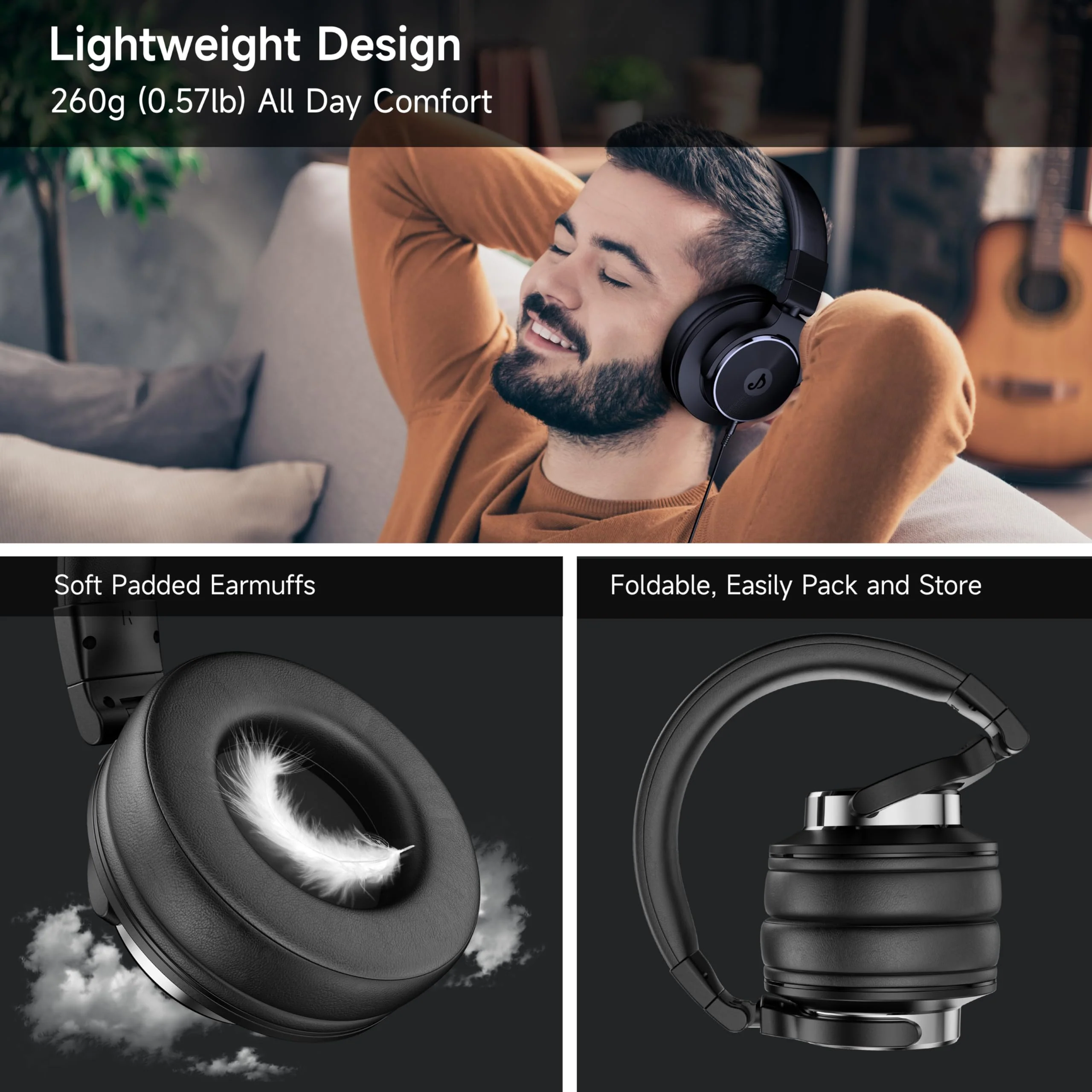 Wired Over Ear Headphones, Studio Monitor & Mixing DJ Headphones with 50mm Neodymium Drivers and 1/4 to 3.5mm Jack for Guitar AMP Podcast Piano Keyboard (Black) Black - Image 5