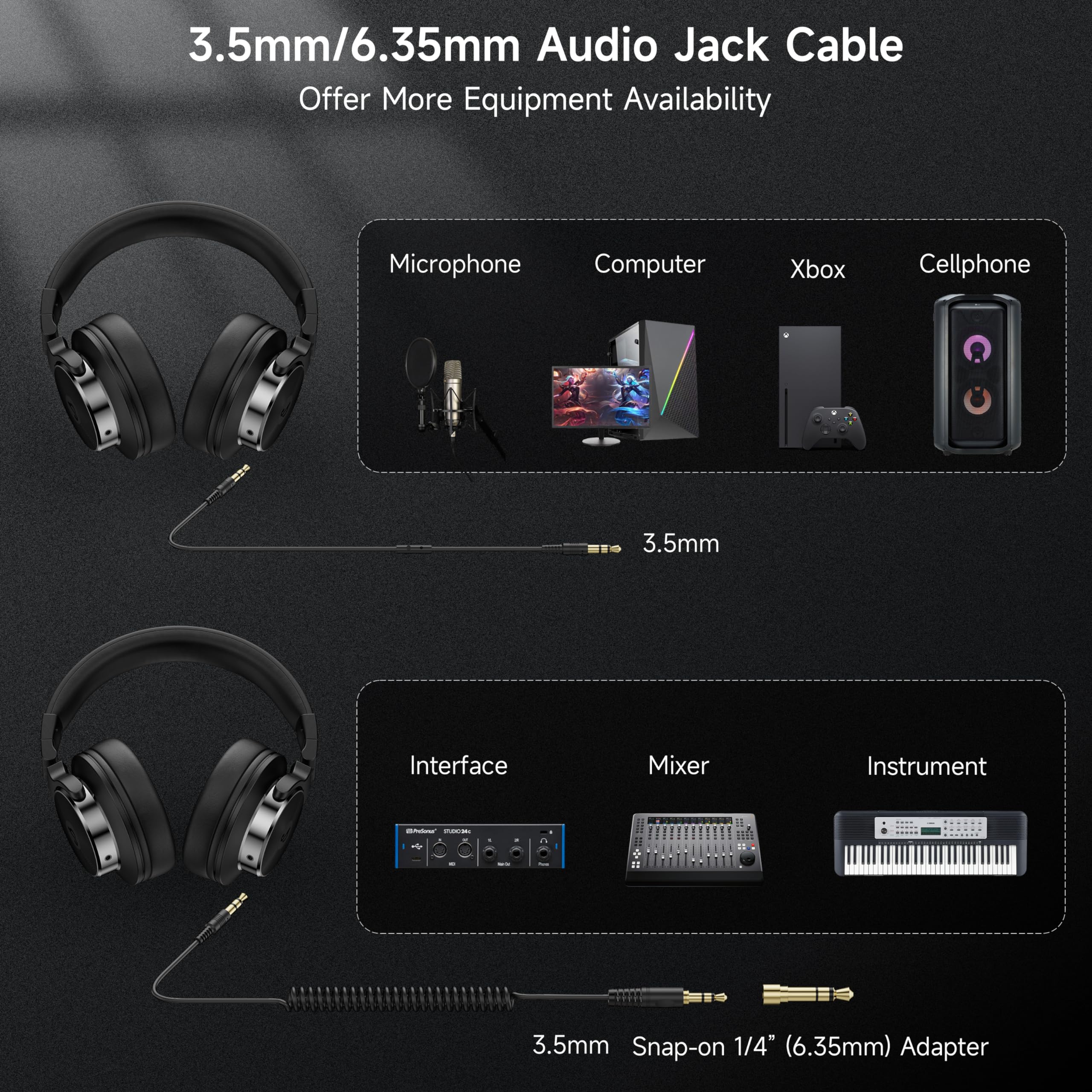 Wired Over Ear Headphones, Studio Monitor & Mixing DJ Headphones with 50mm Neodymium Drivers and 1/4 to 3.5mm Jack for Guitar AMP Podcast Piano Keyboard (Black) Black - Image 6