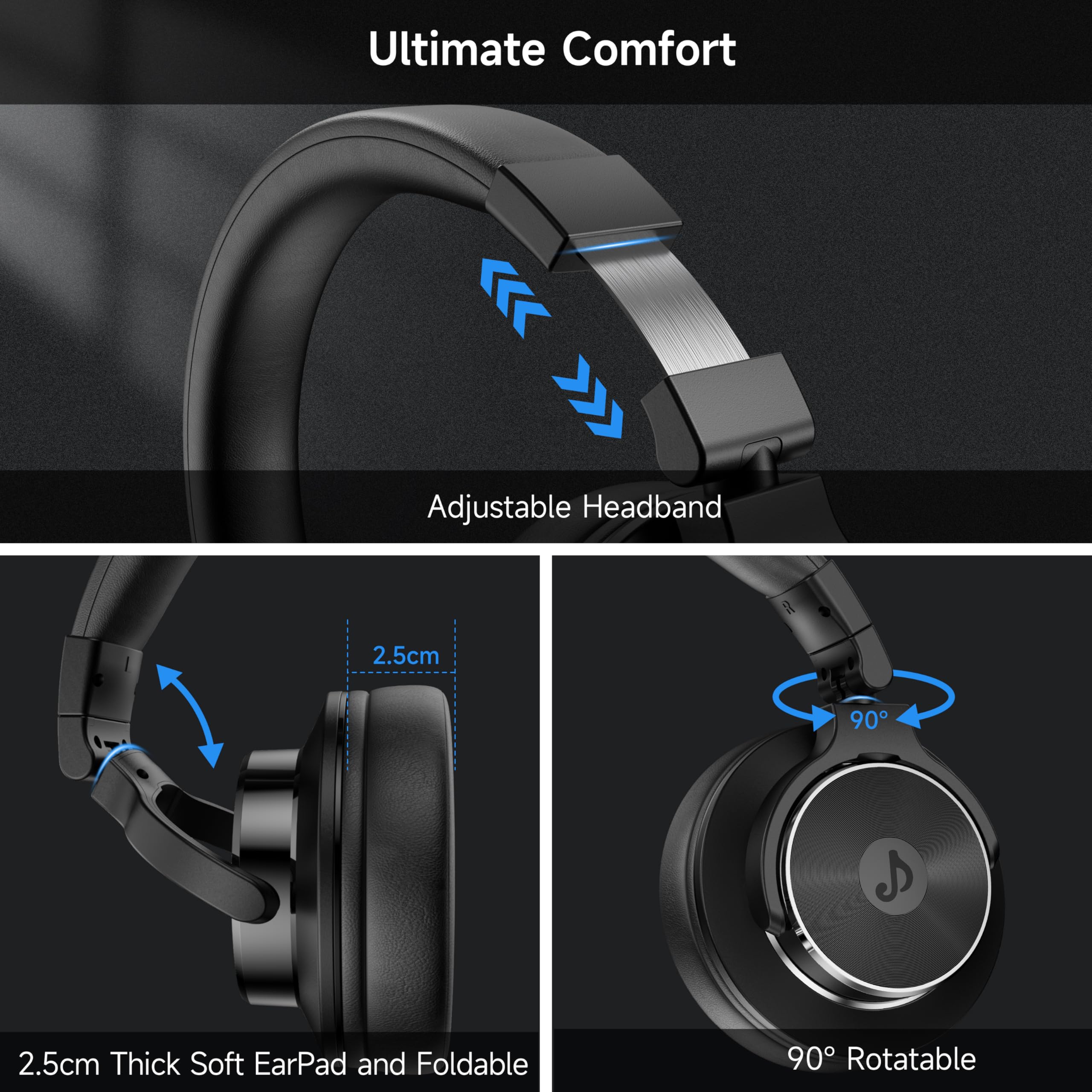 Wired Over Ear Headphones, Studio Monitor & Mixing DJ Headphones with 50mm Neodymium Drivers and 1/4 to 3.5mm Jack for Guitar AMP Podcast Piano Keyboard (Black) Black - Image 7