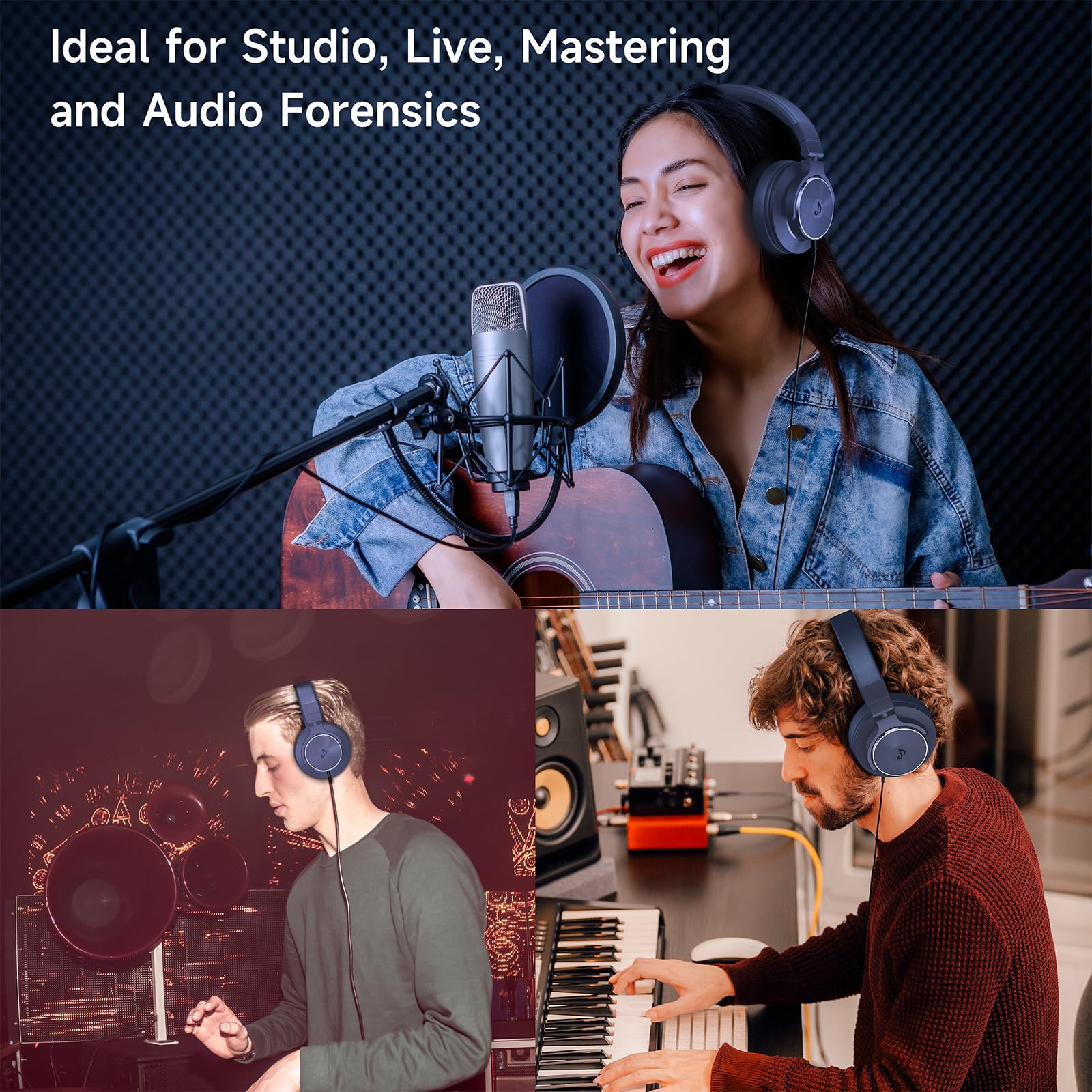 Wired Over Ear Headphones, Studio Monitor & Mixing DJ Headphones with 50mm Neodymium Drivers and 1/4 to 3.5mm Jack for Guitar AMP Podcast Piano Keyboard (Dark Blue) - Image 3