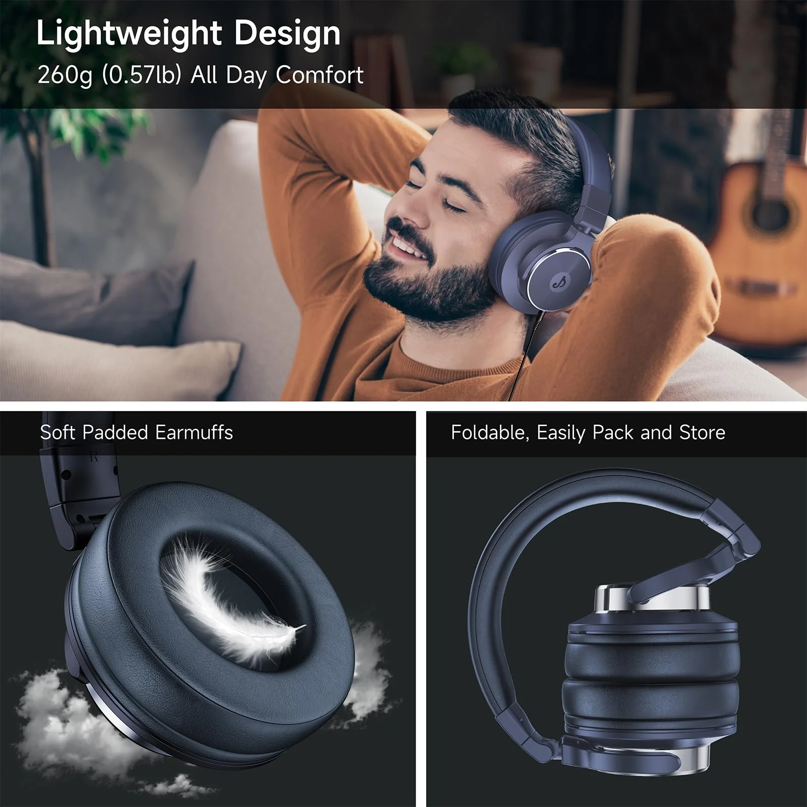 Wired Over Ear Headphones, Studio Monitor & Mixing DJ Headphones with 50mm Neodymium Drivers and 1/4 to 3.5mm Jack for Guitar AMP Podcast Piano Keyboard (Dark Blue) - Image 5