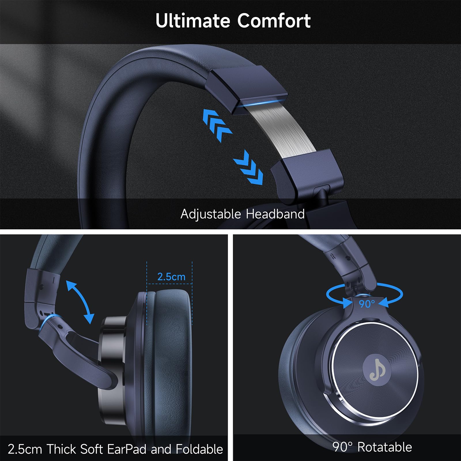 Wired Over Ear Headphones, Studio Monitor & Mixing DJ Headphones with 50mm Neodymium Drivers and 1/4 to 3.5mm Jack for Guitar AMP Podcast Piano Keyboard (Dark Blue) - Image 7
