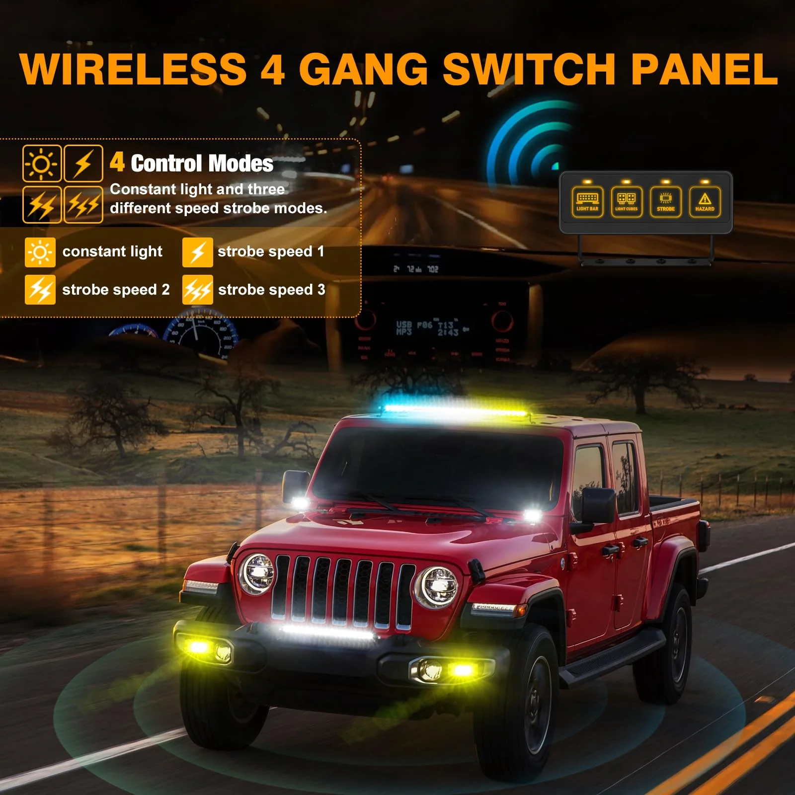 Wireless 4 Gang Switch Panel, Muto-Beam Multifunction Remote Control Switch Panel Auxiliary Universal Circuit Control Box with 4 Modes Strobe Memory Relay System for Truck SXS UTV ATV Car RV Boat wireless 4 gang - Image 2