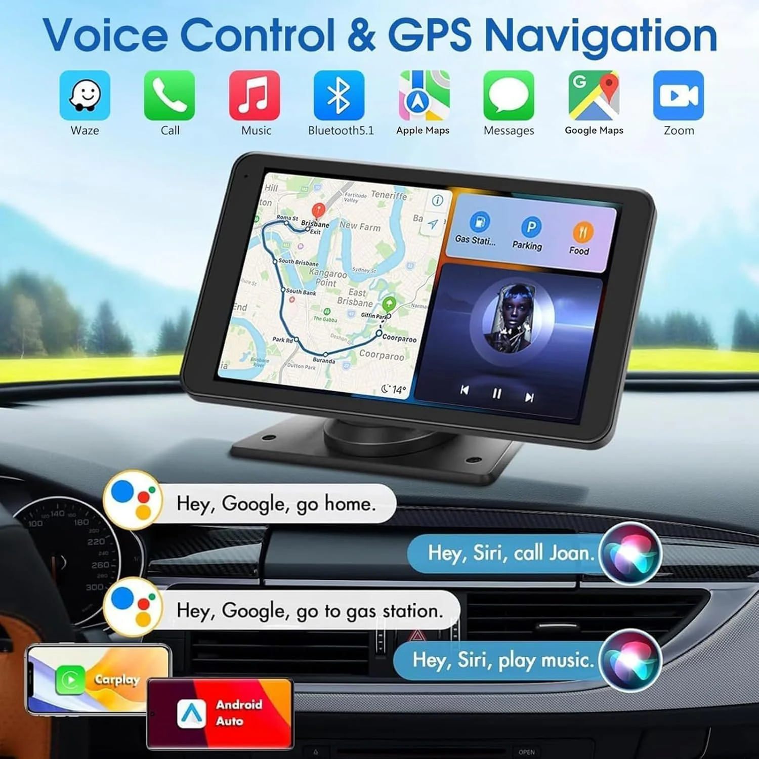 Wireless Apple Carplay Screen for Car, 7" HD Touchscreen with Portable Apple Carplay & Android Auto Car Stereo with Backup Camera, GPS Navigation/Mirror Link/Voice Control/Bluetooth 7inches - Image 4