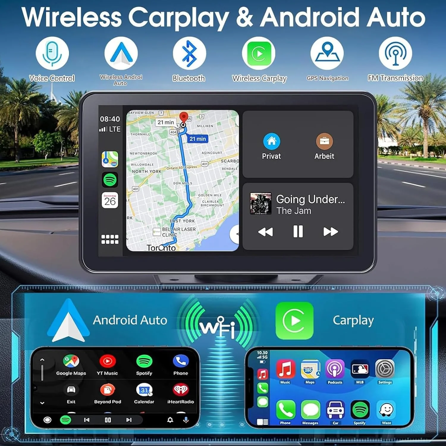 Wireless Apple Carplay Screen for Car, 7" HD Touchscreen with Portable Apple Carplay & Android Auto Car Stereo with Backup Camera, GPS Navigation/Mirror Link/Voice Control/Bluetooth 7inches - Image 7